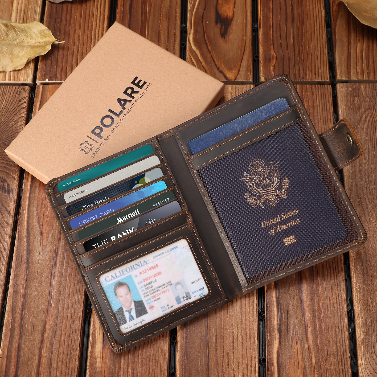 Luxury RFID Blocking Leather Passport Holder with AirTag Slot (Dark Brown,Scenario Shows)