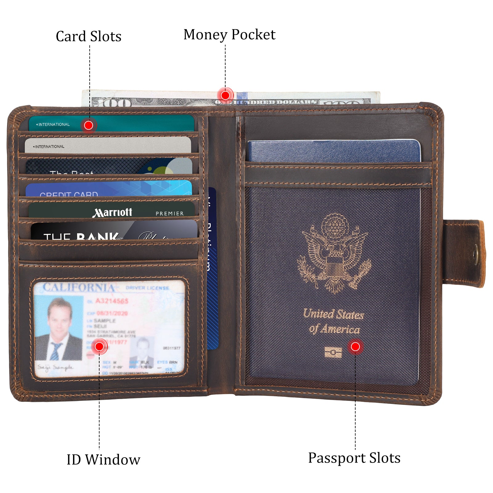 Luxury RFID Blocking Leather Passport Holder with AirTag Slot (Dark Brown,Inside)