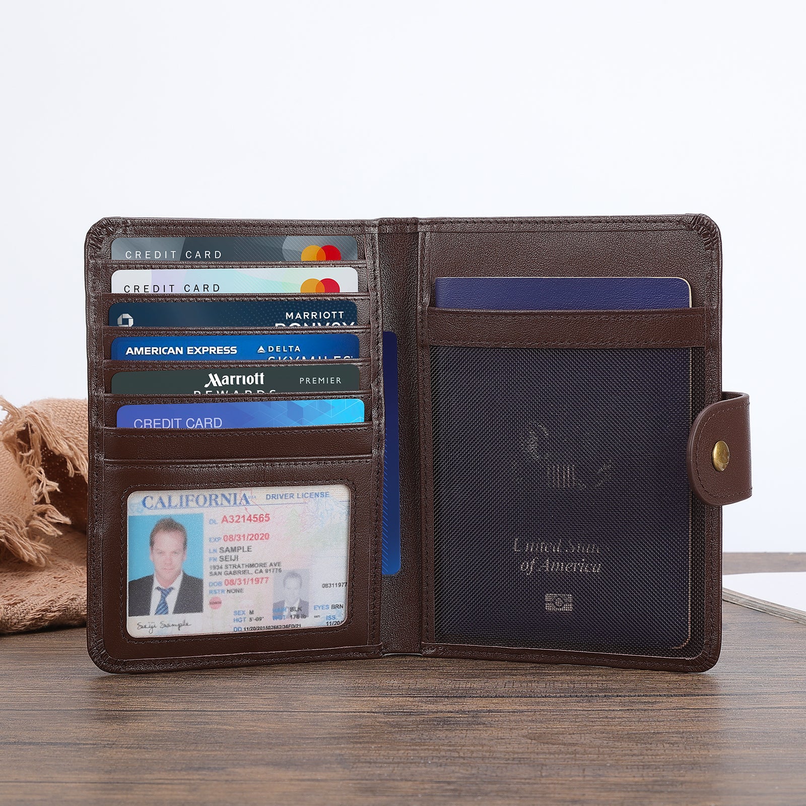 Luxury RFID Blocking Leather Passport Holder with AirTag Slot (Coffee,Scenario Shows)