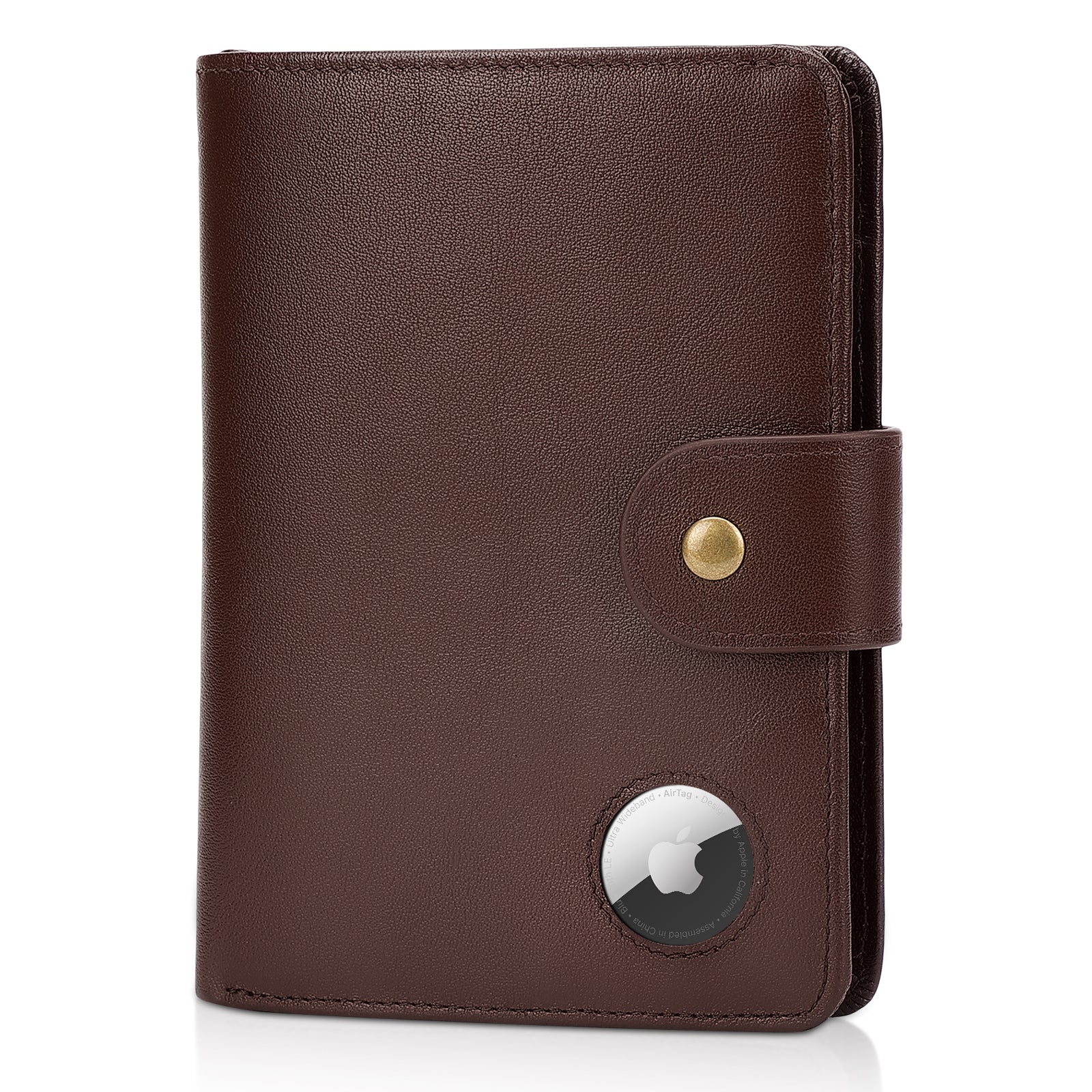 Luxury RFID Blocking Leather Passport Holder with AirTag Slot (Coffee)