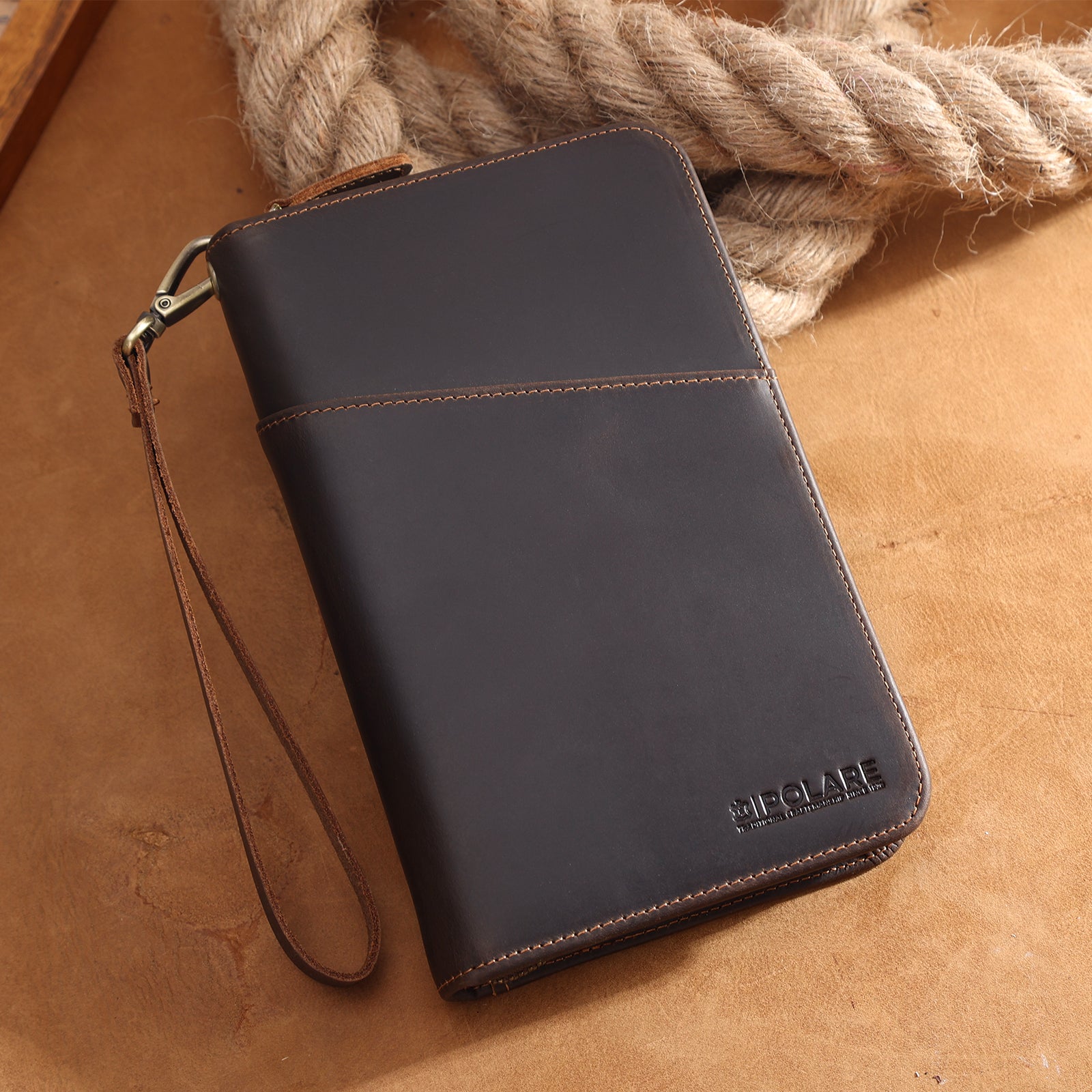 Leather Passport Holder Cover Case for Men with AirTag Slot (Scenario Shows)