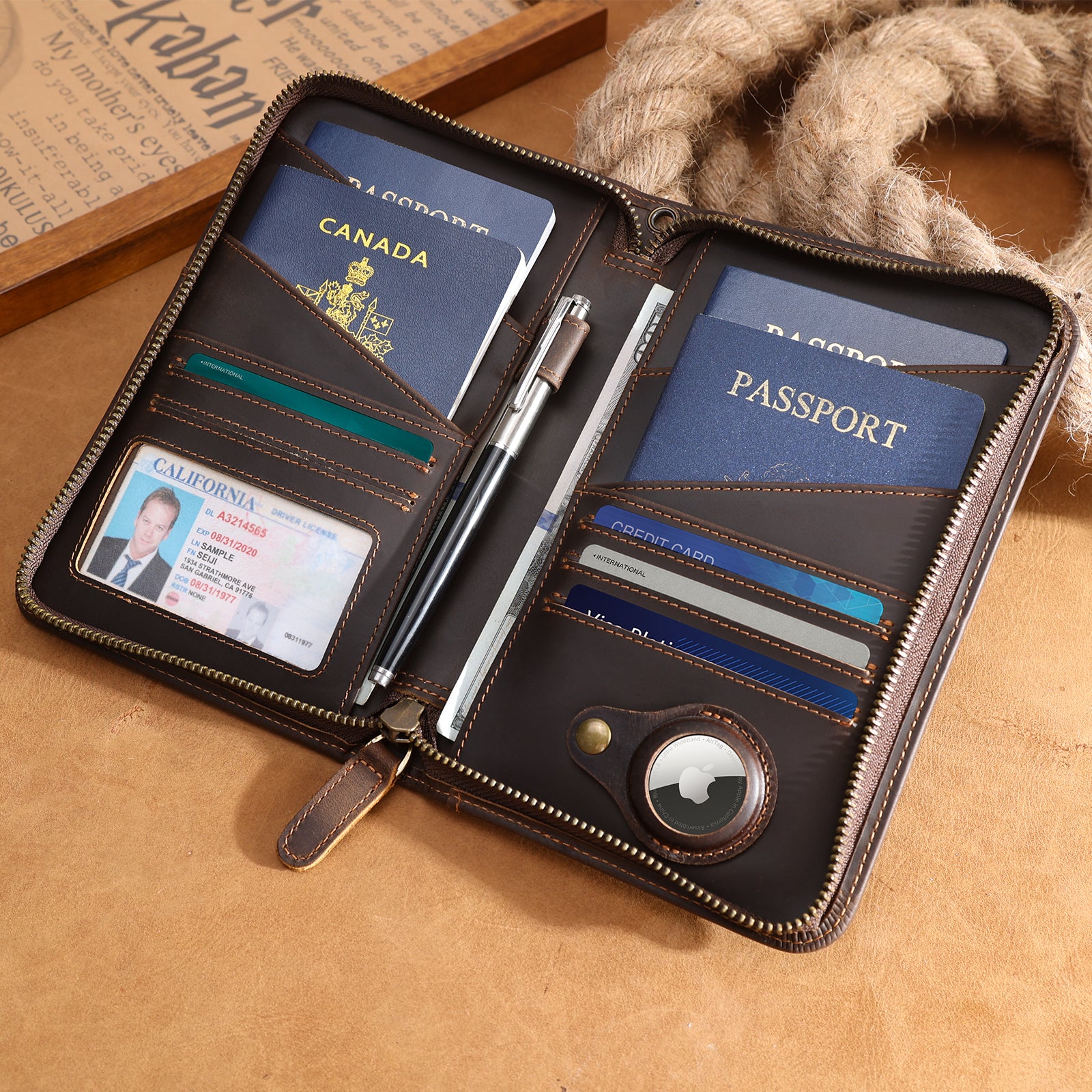 Leather Passport Holder Cover Case for Men with AirTag Slot (Scenario Shows)