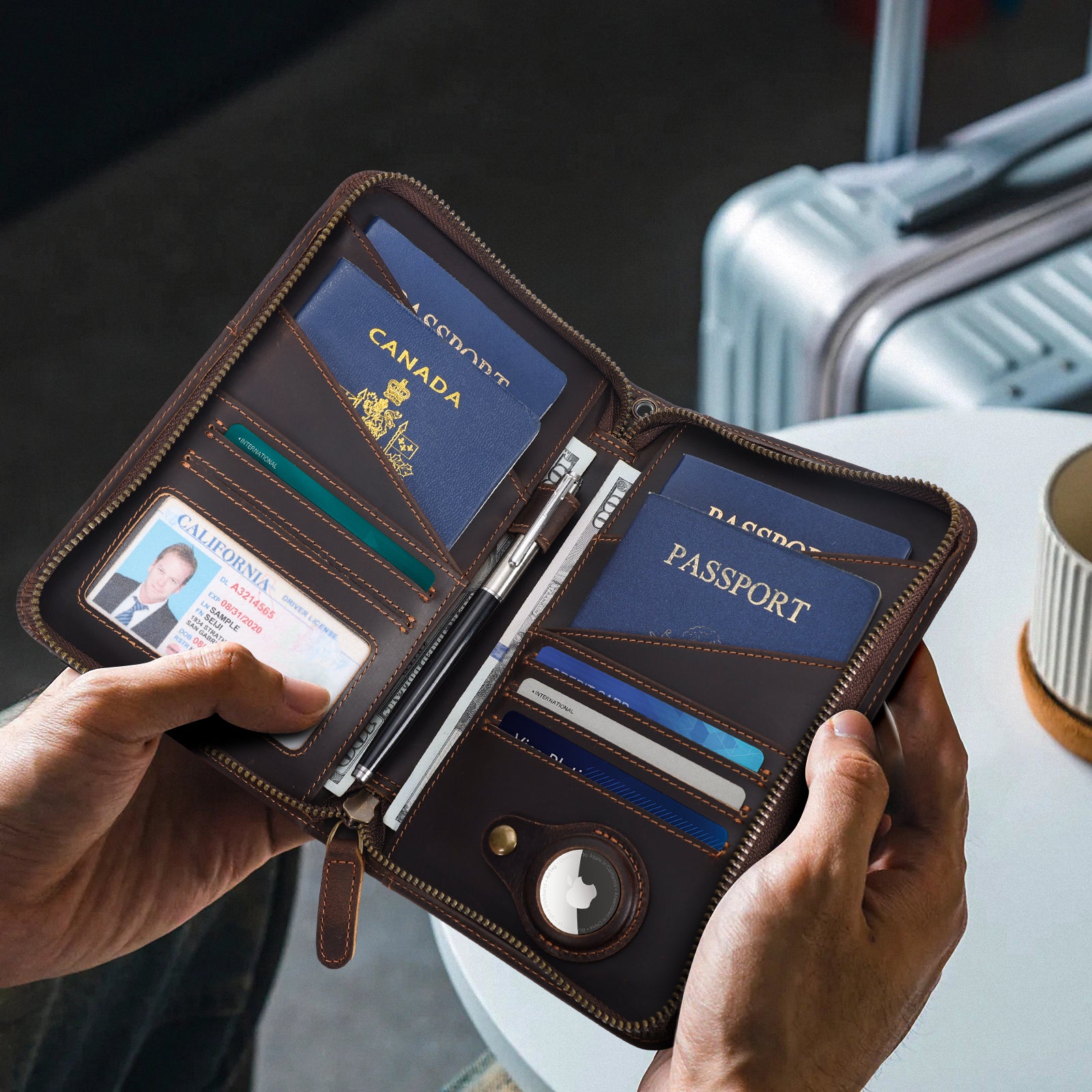 Leather Passport Holder Cover Case for Men with AirTag Slot (Model Display)