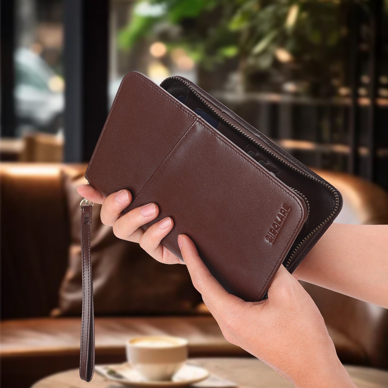 Leather Passport Holder Cover Case for Men with AirTag Slot (Coffee,Model Display)