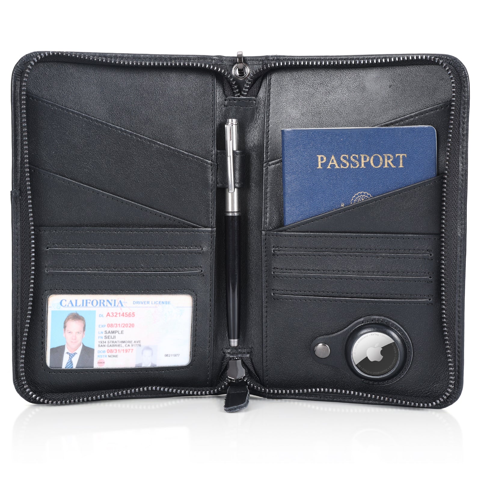 Leather Passport Holder Cover Case for Men with AirTag Slot (Black)