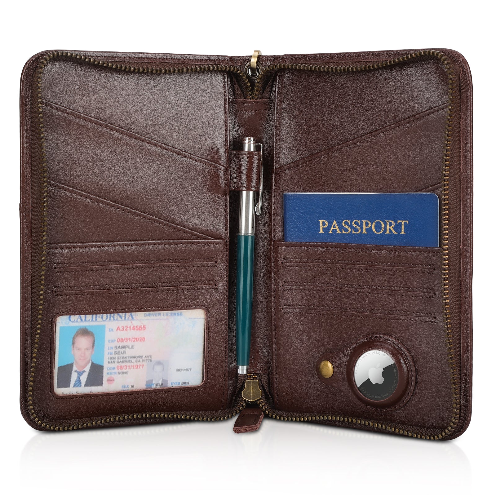 Leather Passport Holder Cover Case for Men with AirTag Slot (Coffee)