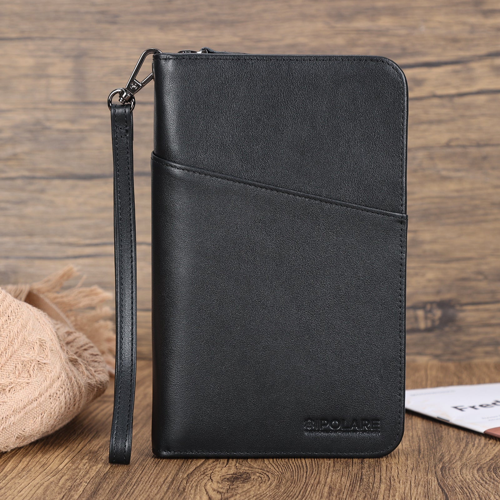 Leather Passport Holder Cover Case for Men with AirTag Slot (Scenario Shows)