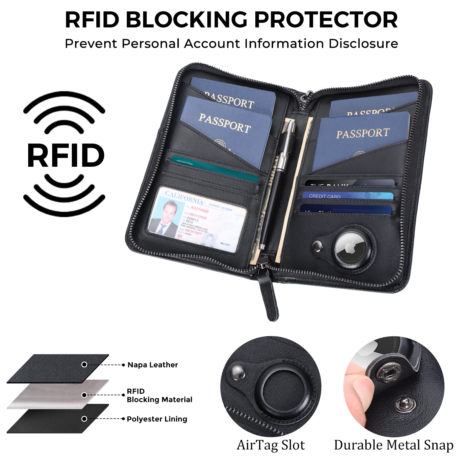 Leather Passport Holder Cover Case for Men with AirTag Slot (Black,Inside)