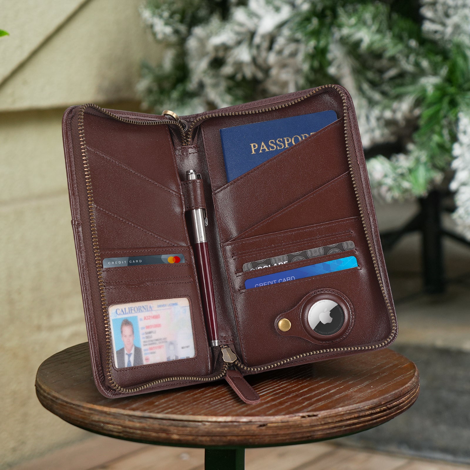 Leather Passport Holder Cover Case for Men with AirTag Slot (Coffee,Scenario Shows)