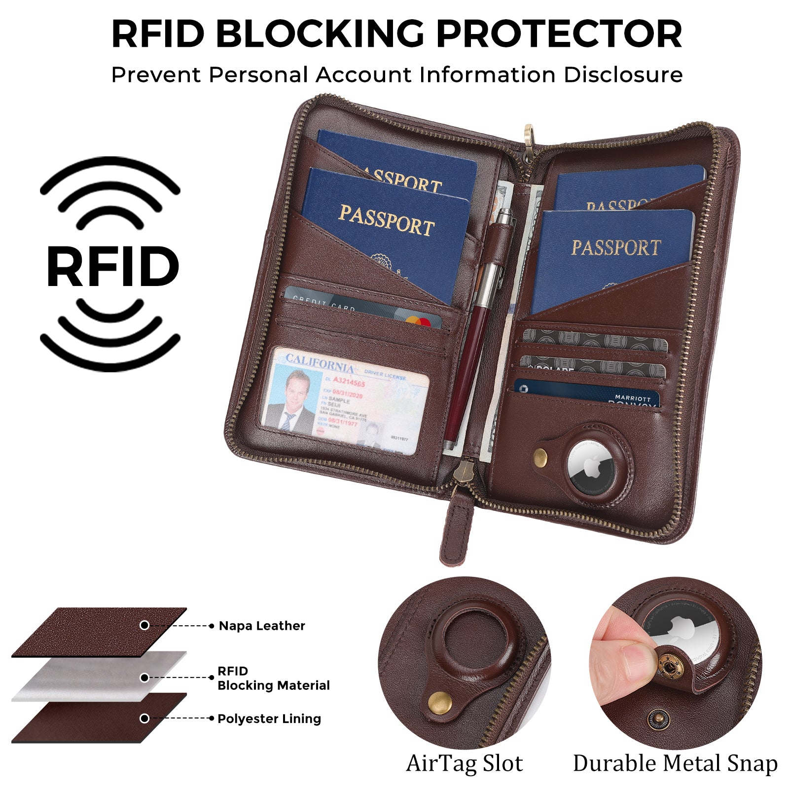 Leather Passport Holder Cover Case for Men with AirTag Slot (Coffee,Inside)