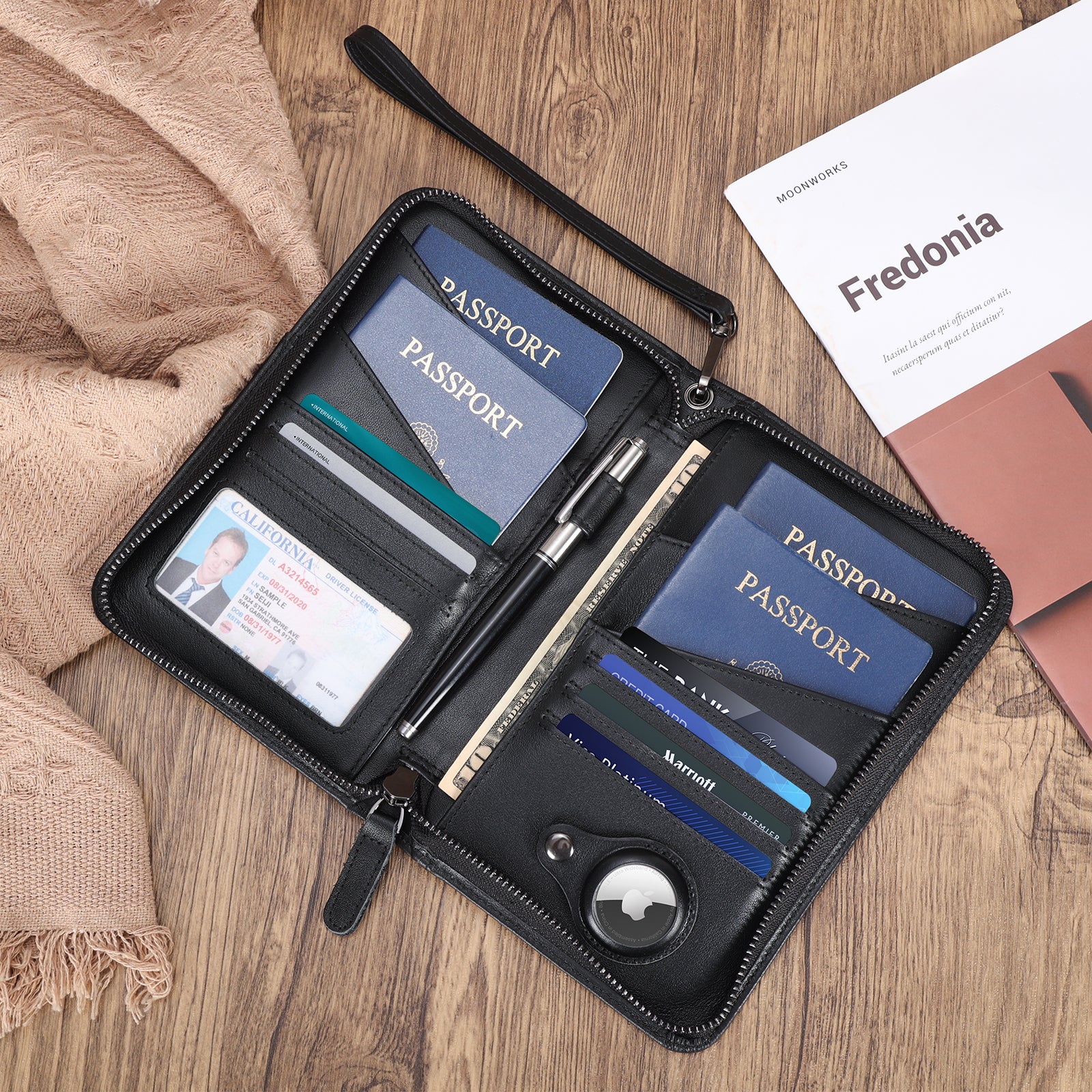 Leather Passport Holder Cover Case for Men with AirTag Slot (Scenario Shows)
