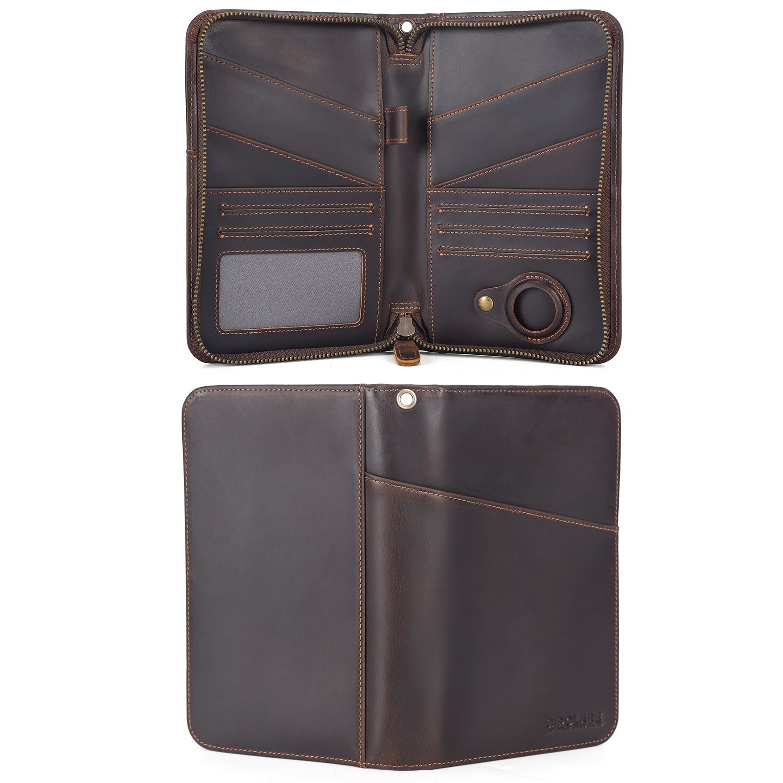 Leather Passport Holder Cover Case for Men with AirTag Slot (Inside/Back)