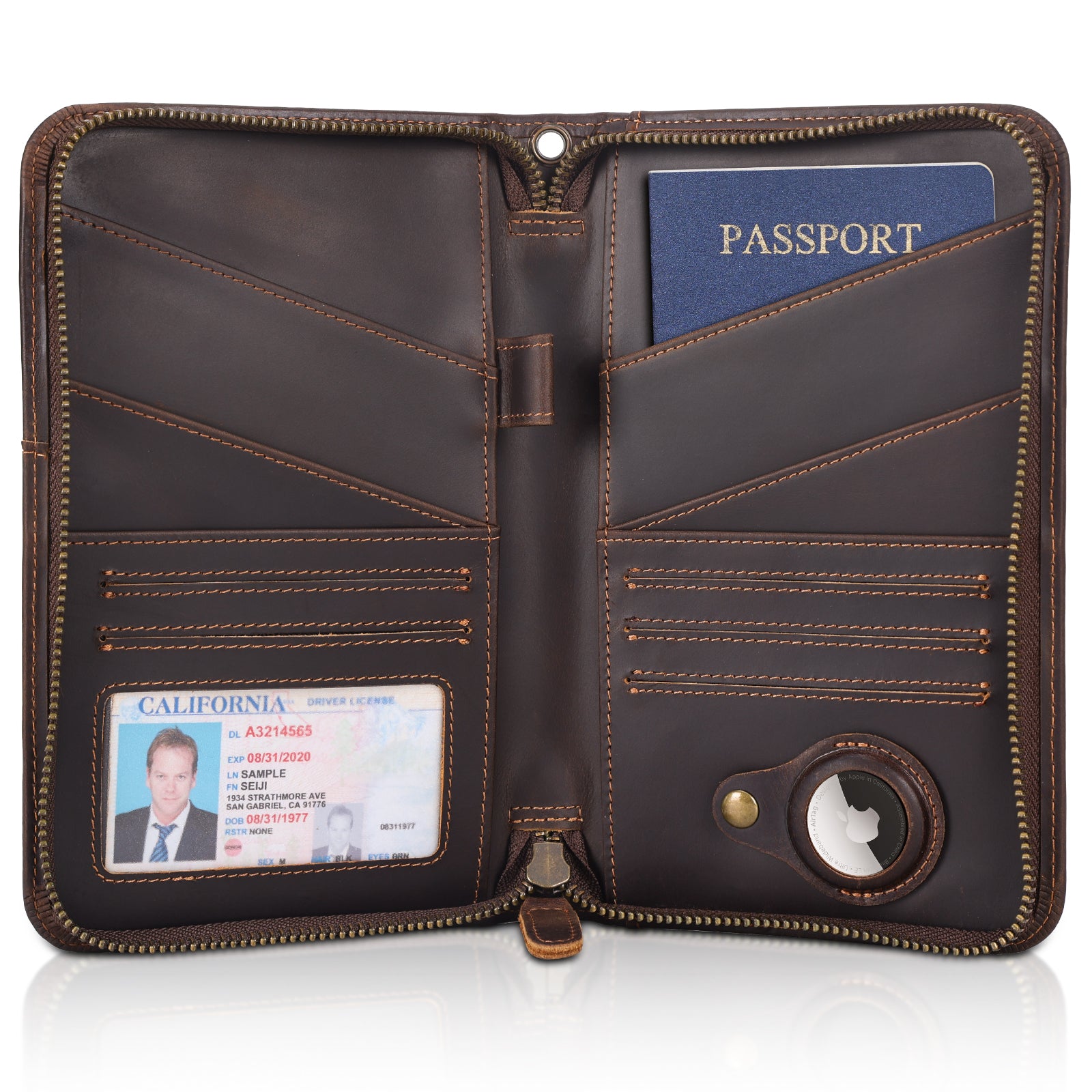 Leather Passport Holder Cover Case for Men with AirTag Slot (Dark Brown)