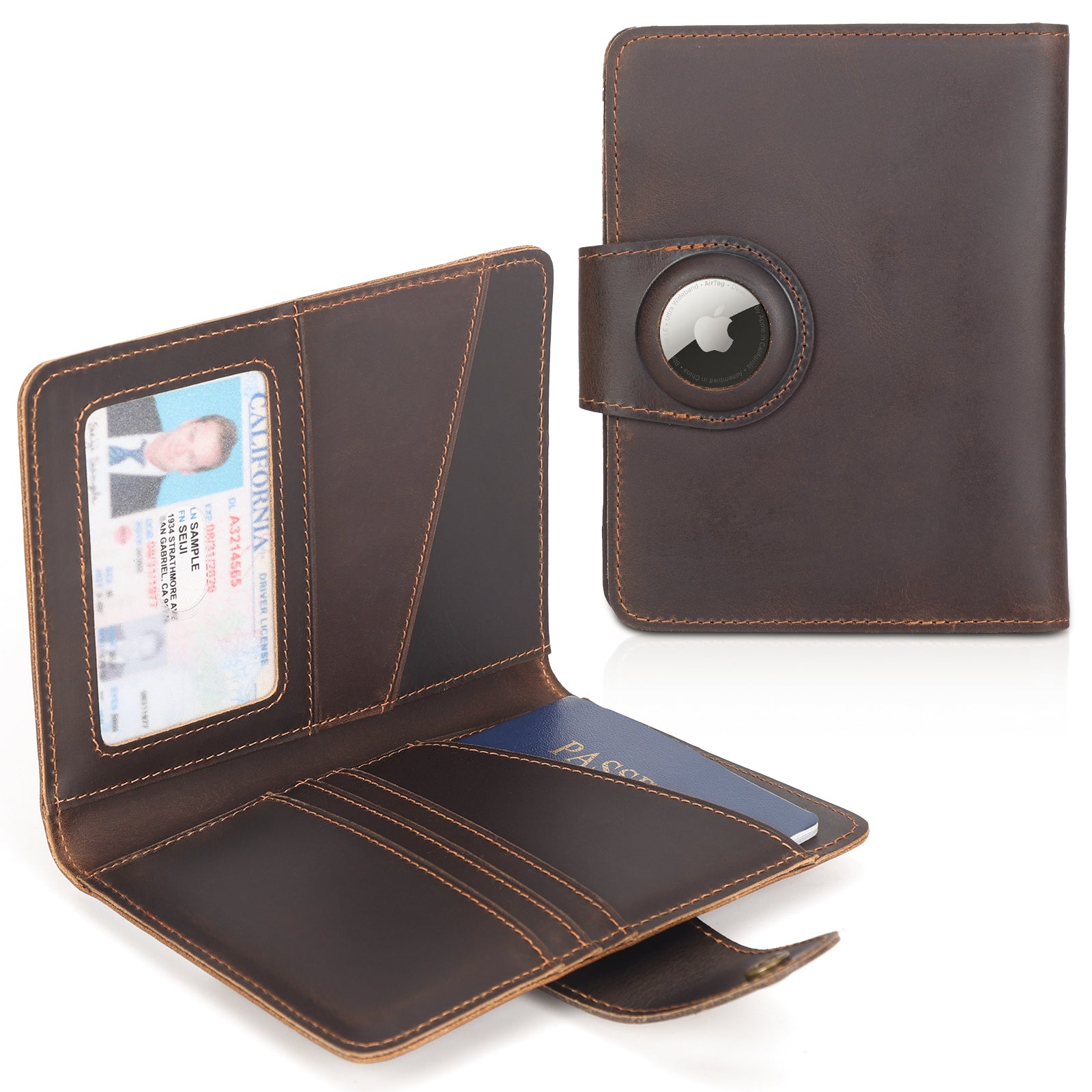 Travel Passport Holders 2 Passports with AirTag Slot (Dark Brown)