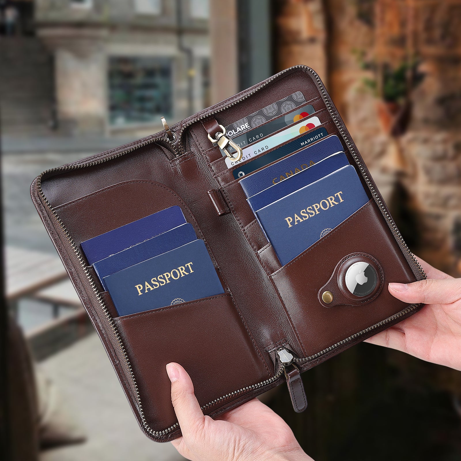 Full Grain Leather Family Travel Passport Wallet AirTag Slot (Coffee,Model Display)
