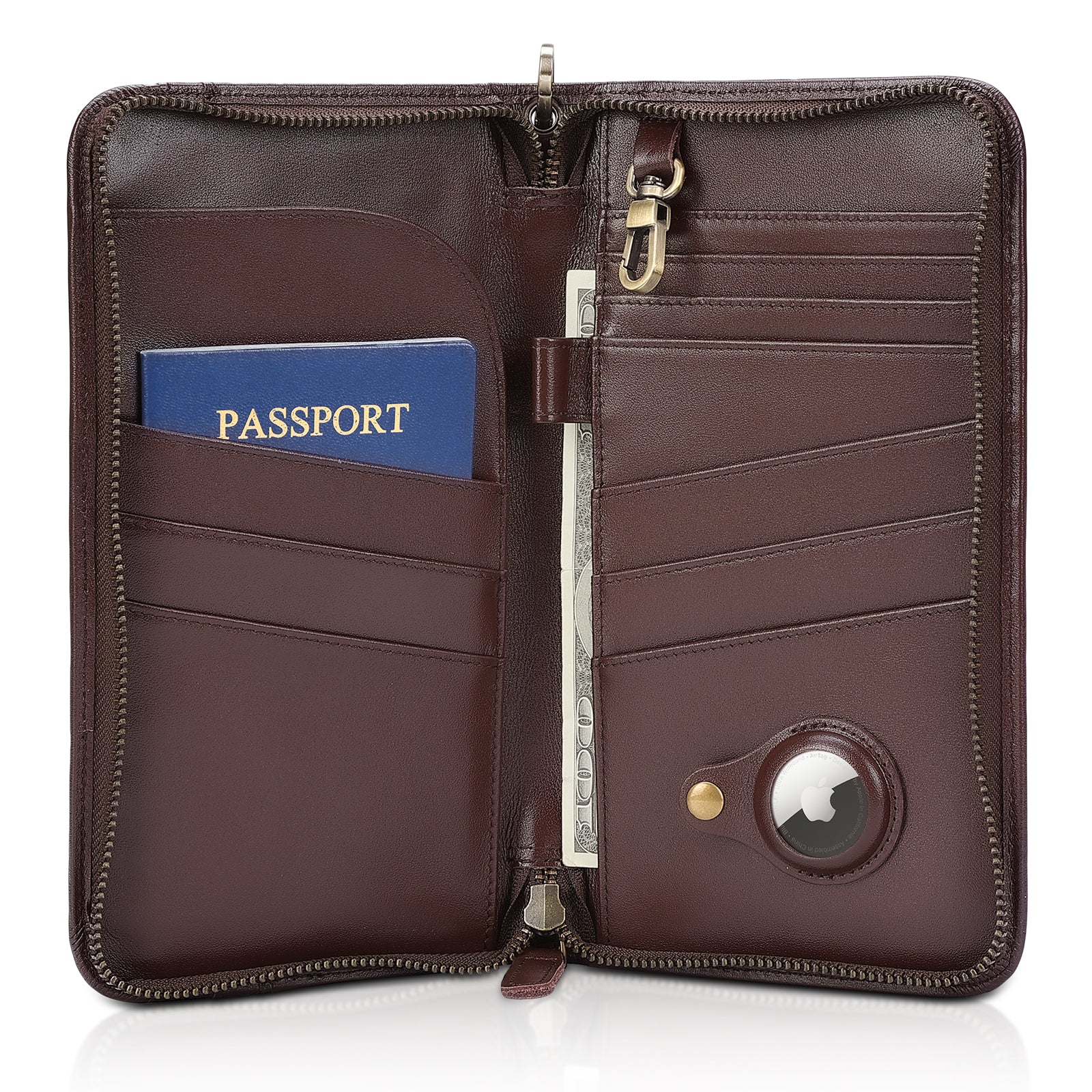 Full Grain Leather Family Travel Passport Wallet AirTag Slot (Coffee)