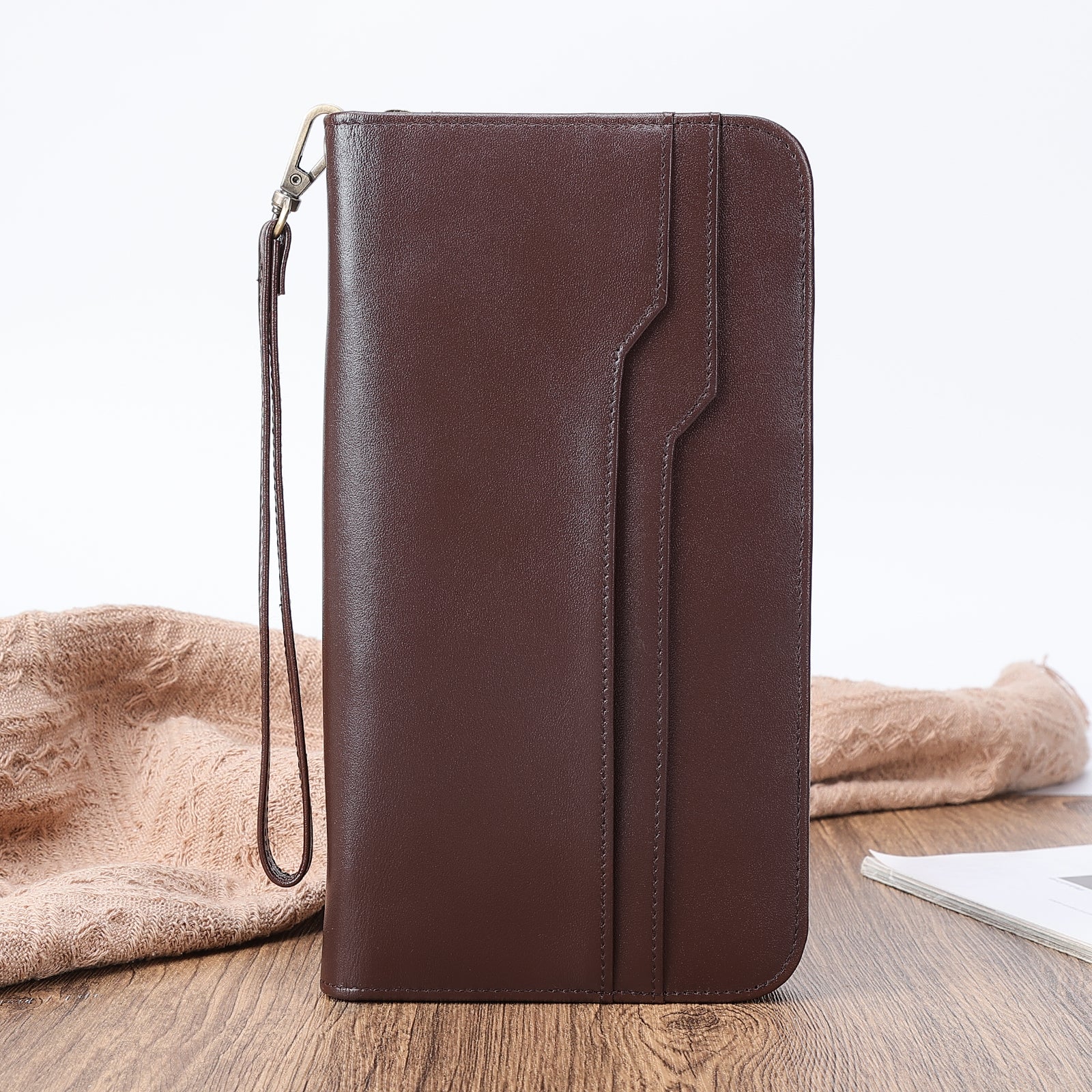 Full Grain Leather Family Travel Passport Wallet AirTag Slot (Coffee,Front)