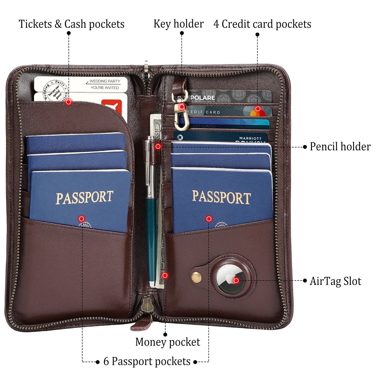 Full Grain Leather Family Travel Passport Wallet AirTag Slot (Coffee,Inside)