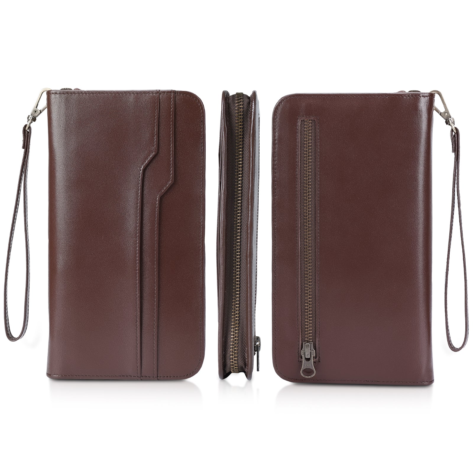 Full Grain Leather Family Travel Passport Wallet AirTag Slot (Coffee,Front/Back)