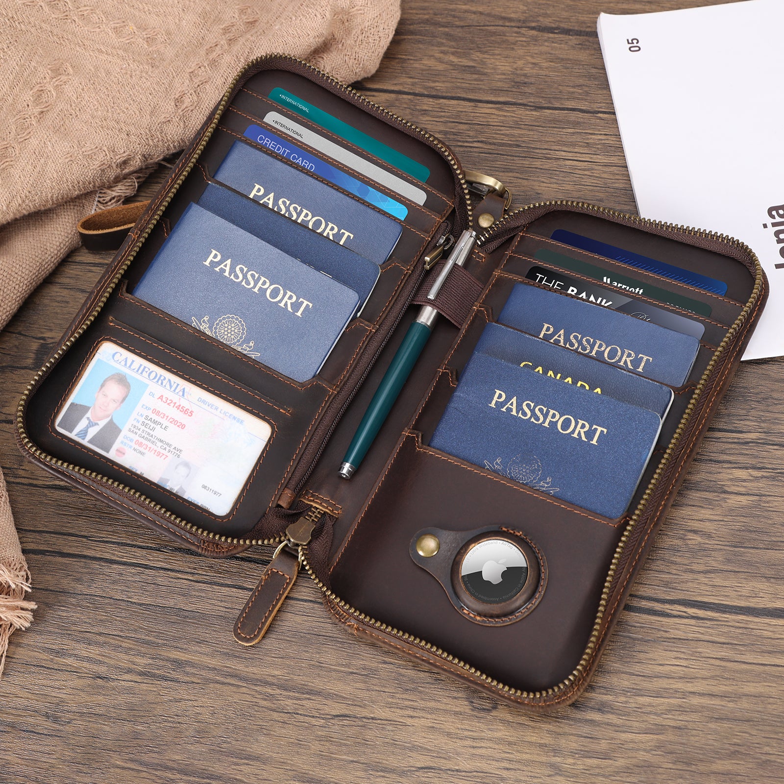 Leather Family Passport Holder Travel Wallet with AirTag Slot (Scenario Shows)