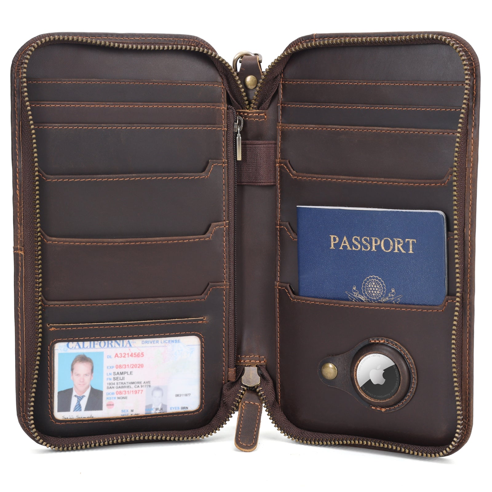 Leather Family Passport Holder Travel Wallet with AirTag Slot