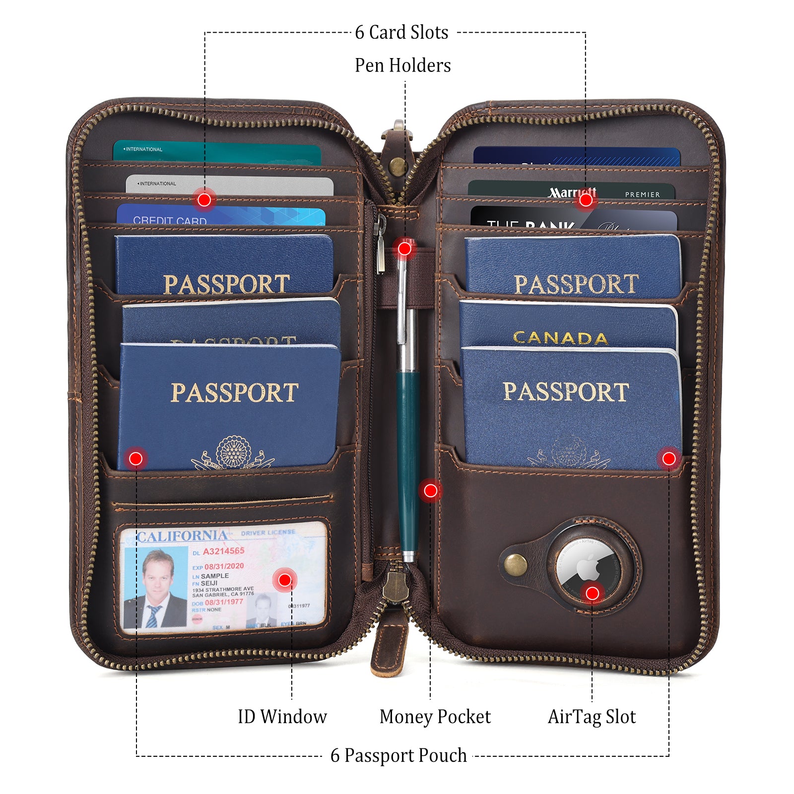 Leather Family Passport Holder Travel Wallet with AirTag Slot (Inside)