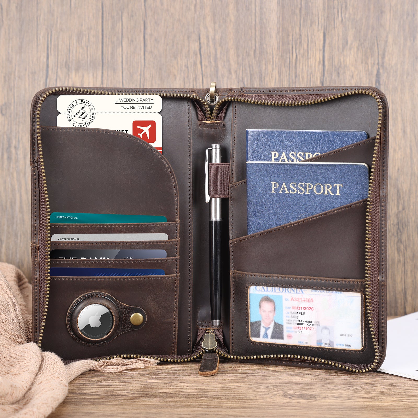 Full Grain Leather Passport Holder with AirTag Slot (Scenario Shows)