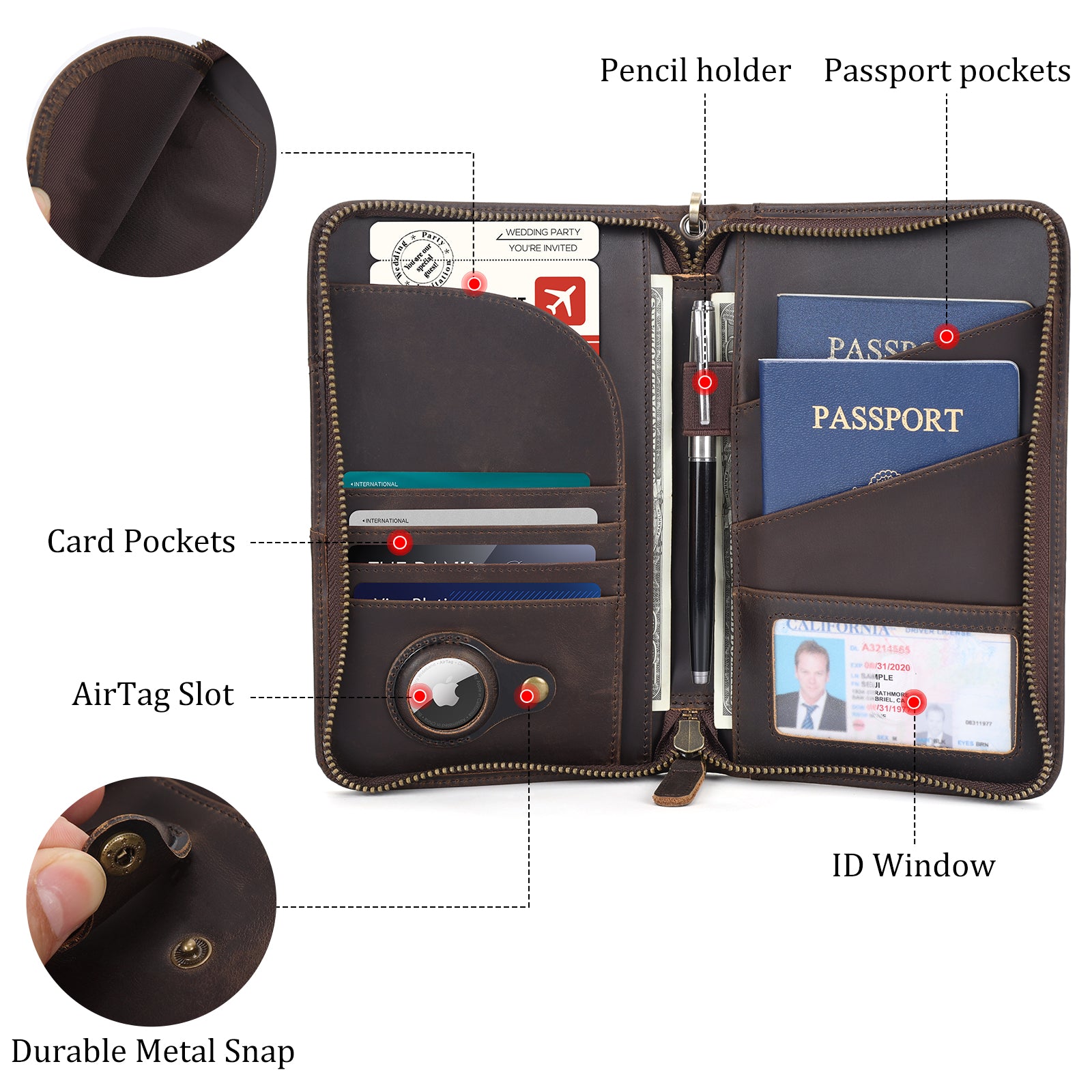 Full Grain Leather Passport Holder with AirTag Slot (Details)