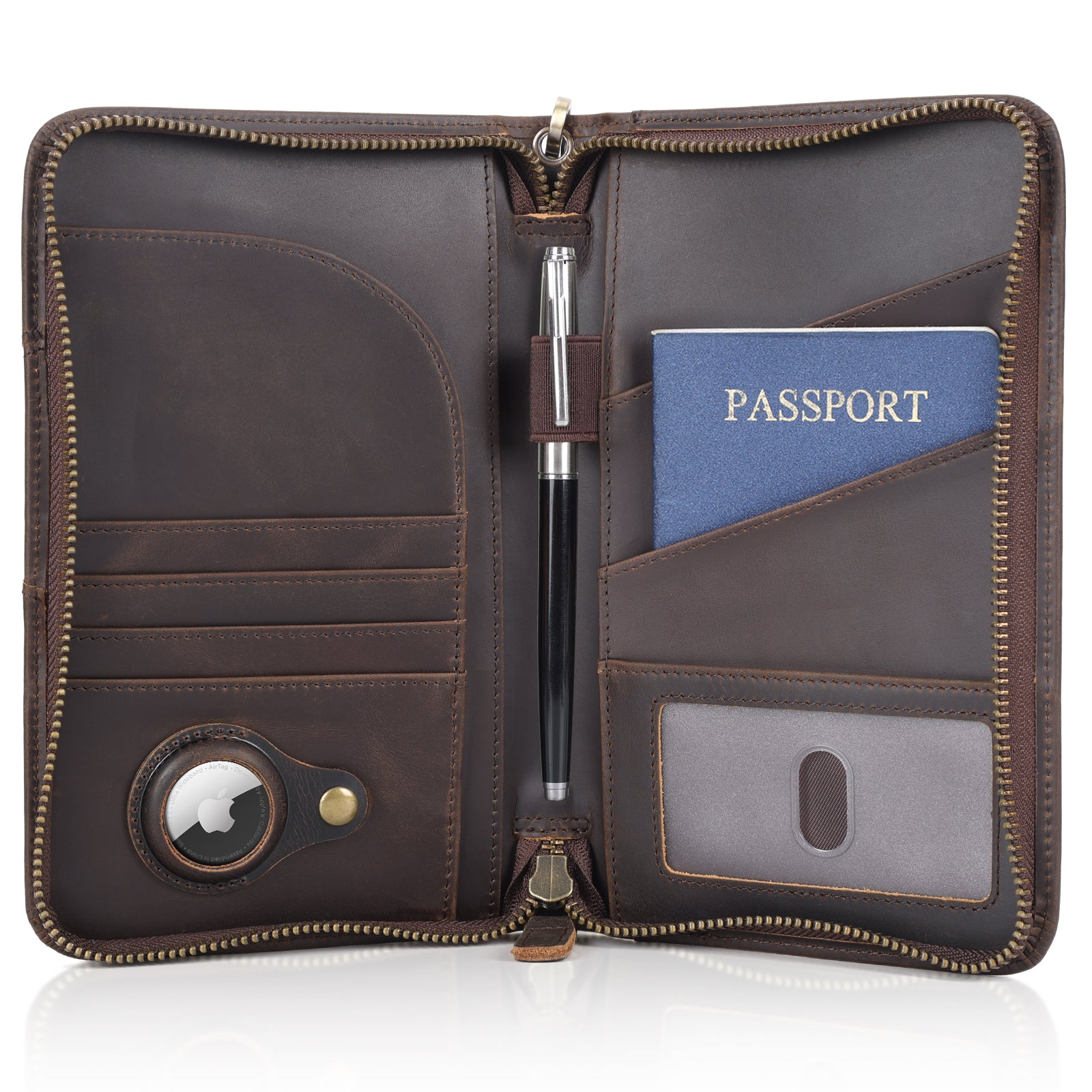 Full Grain Leather Passport Holder with AirTag Slot