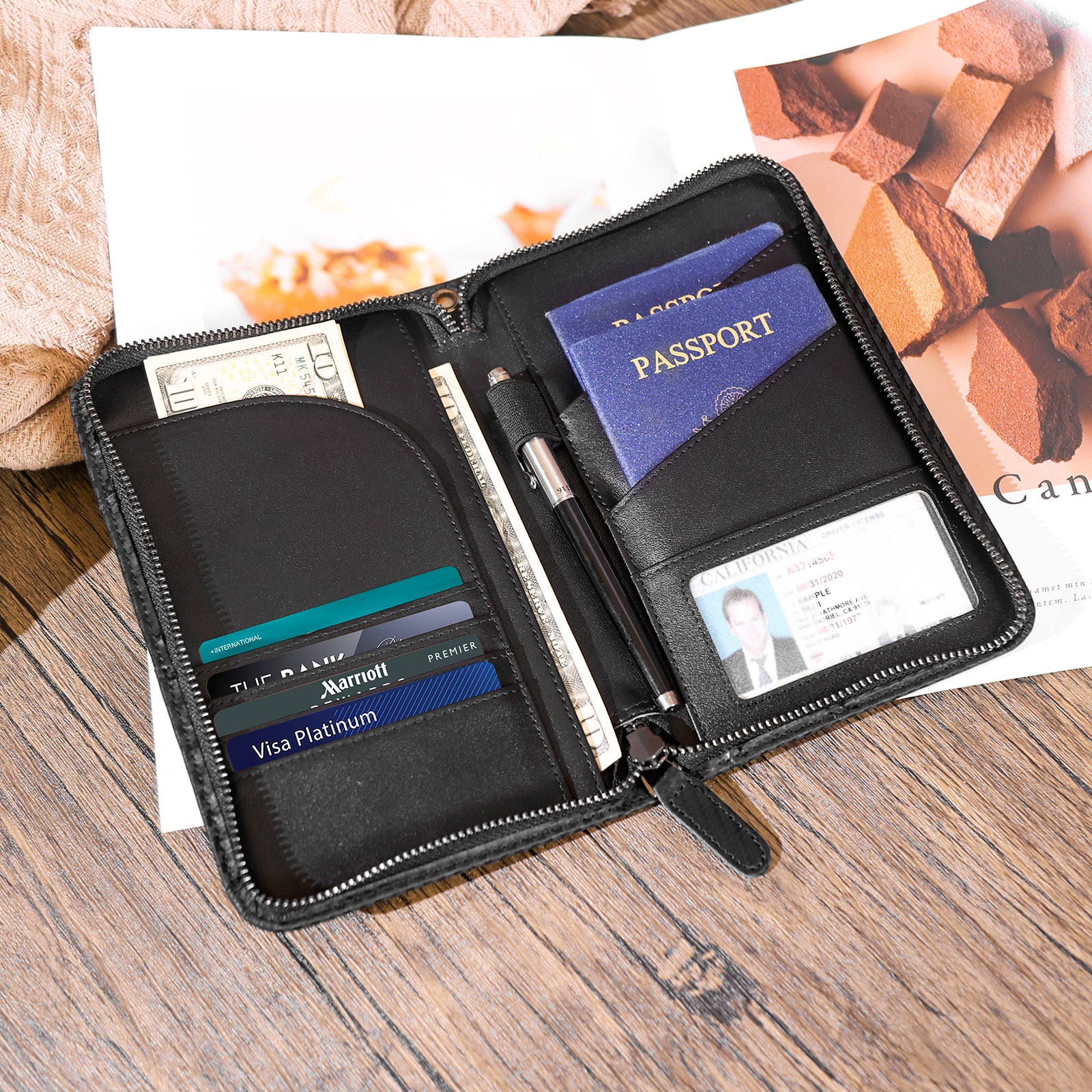 Polare Full Grain Leather Passport Holder With YKK Zipper RFID Blocking Travel Document Organizer Ticket Holder Cover Case Holds 2 Passports