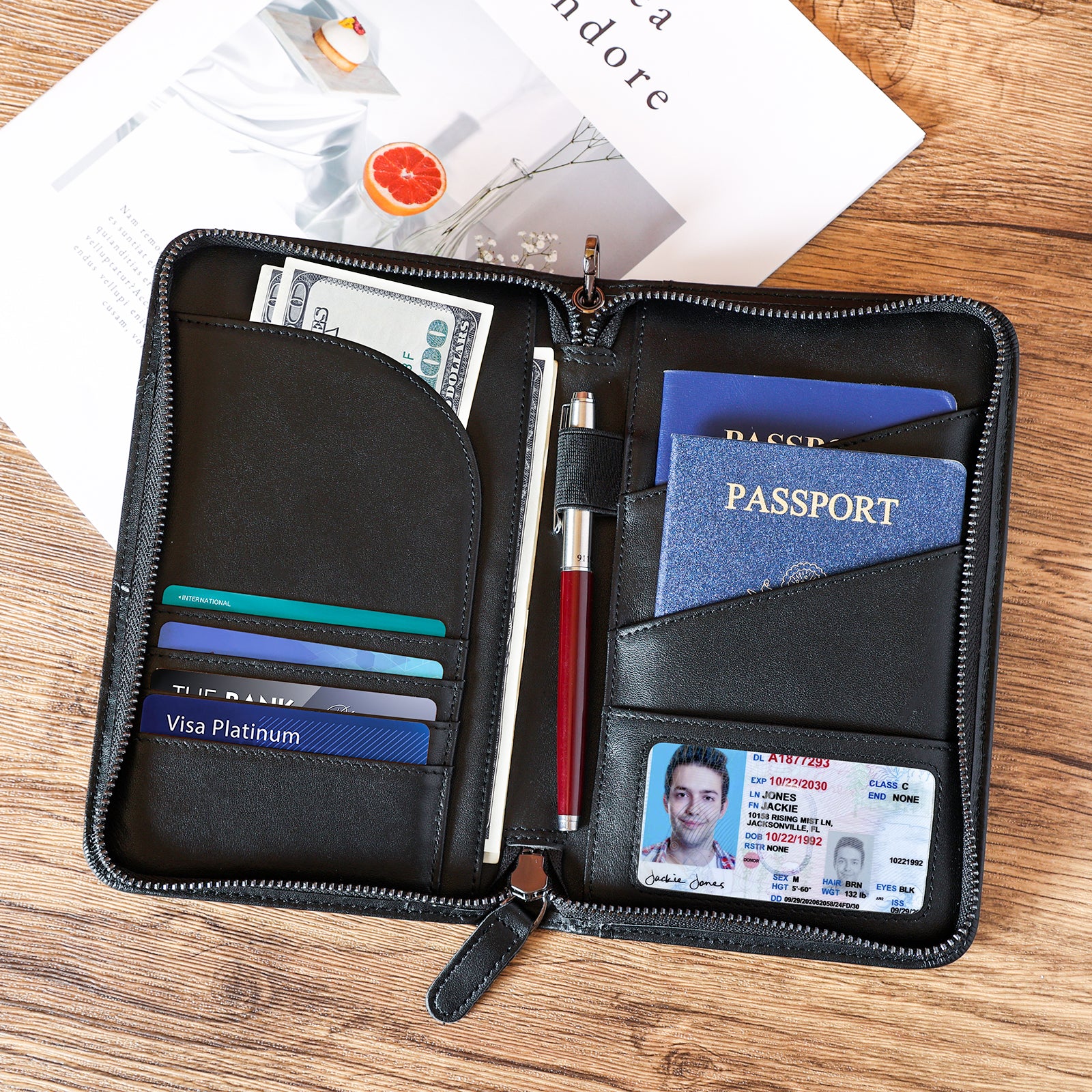 Full Grain Leather Passport Ticket Holder Case Holds 2 Passports (Black,Scenario Shows)