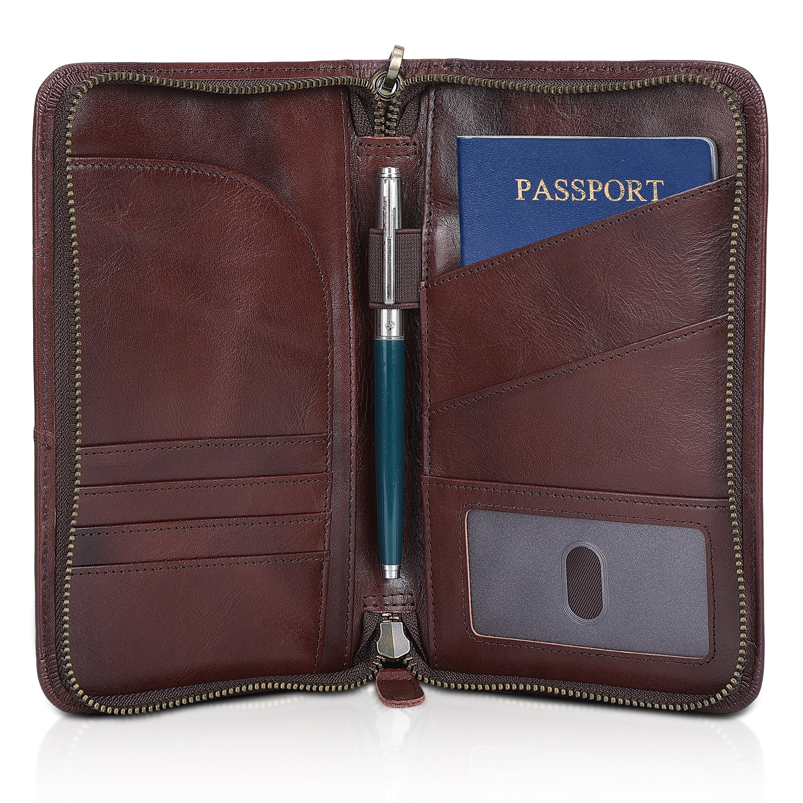 Full Grain Leather Passport Ticket Holder Case Holds 2 Passports (Coffee)