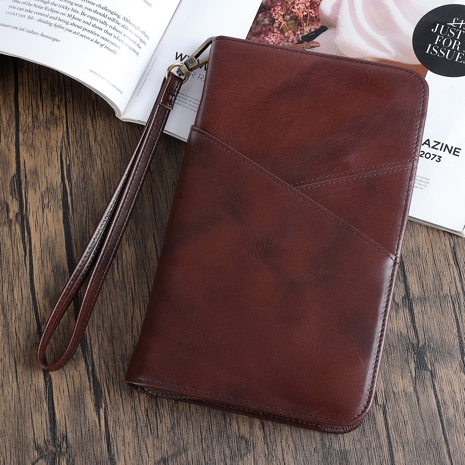 Full Grain Leather Passport Ticket Holder Case Holds 2 Passports (Coffee,Scenario Shows)