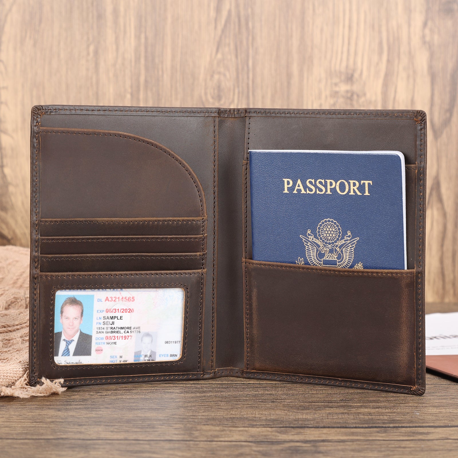 Full Grain Leather Passport Holder Wallet with AirTag Slot