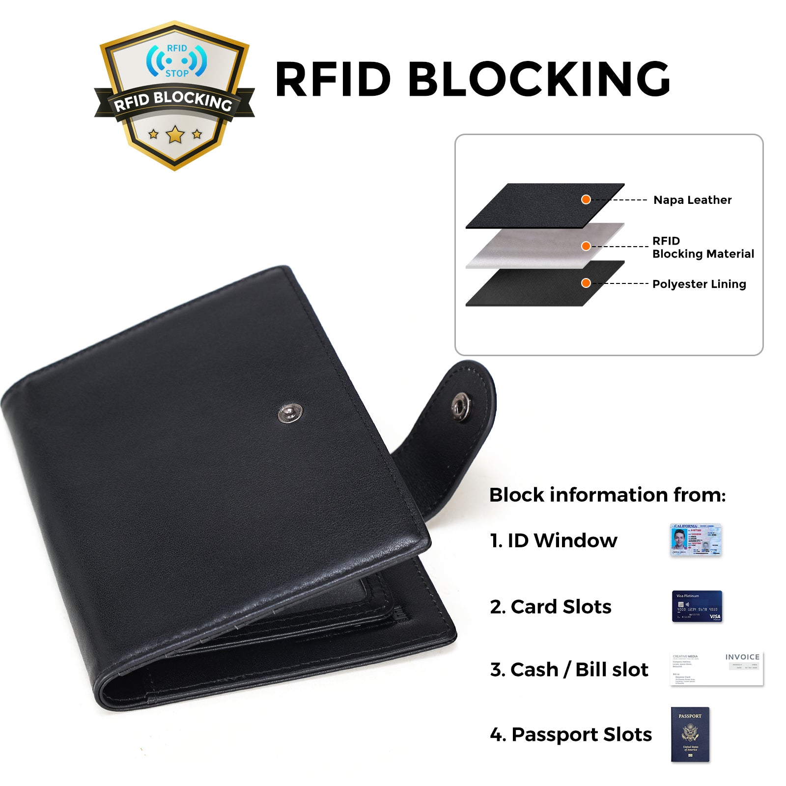 Napa Leather Snap Passport and Vaccine Card Holder (Black,RFID Blocking)