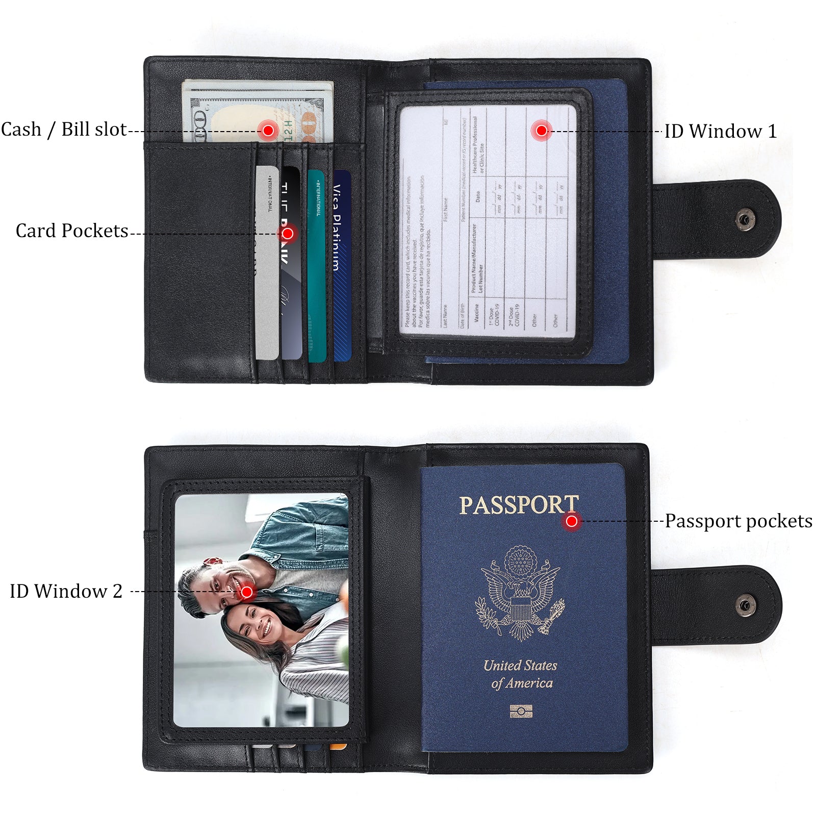 Napa Leather Snap Passport and Vaccine Card Holder (Black,Inside)