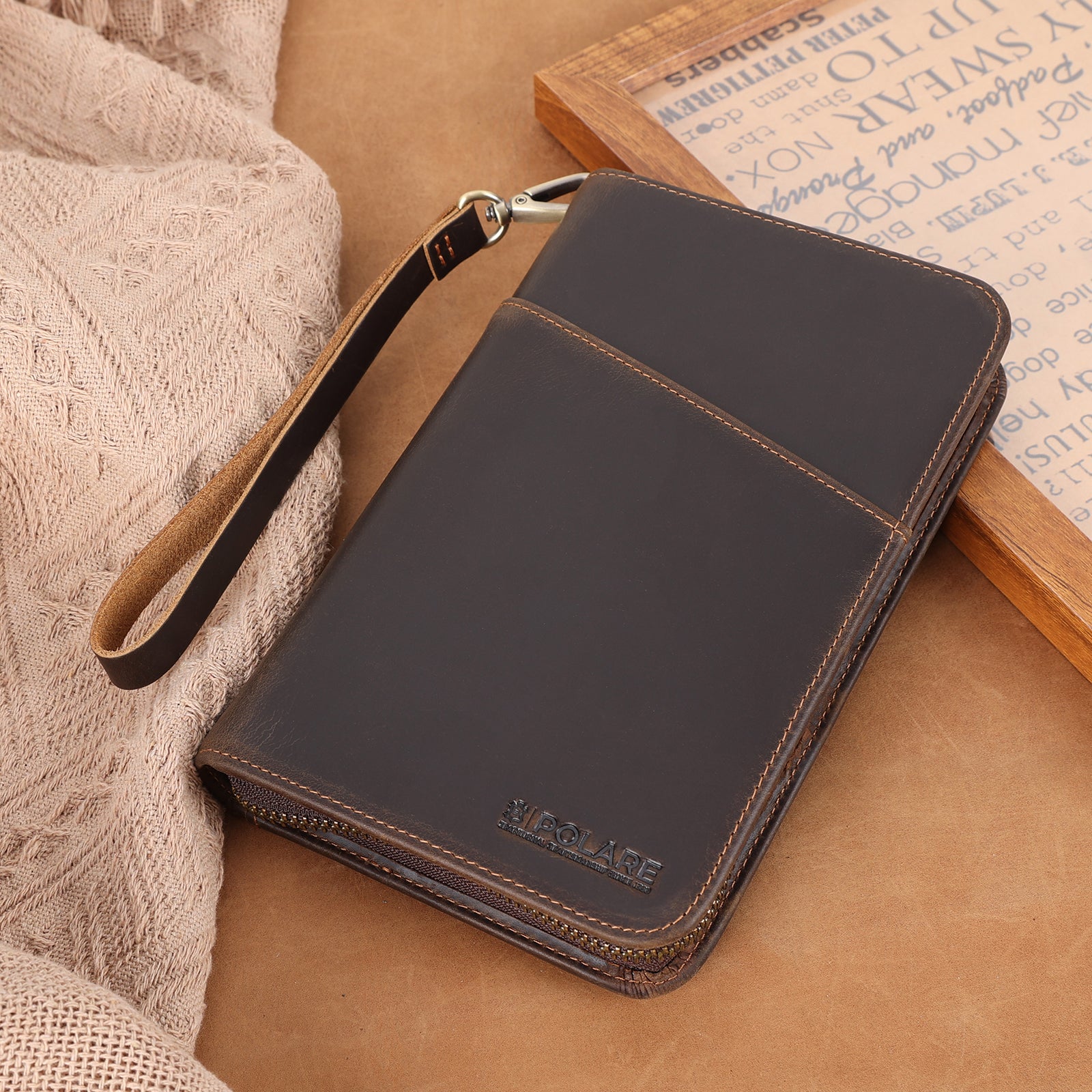 Leather Travel Passport Holder RFID Blocking with AirTag Slot (Scenario Shows)