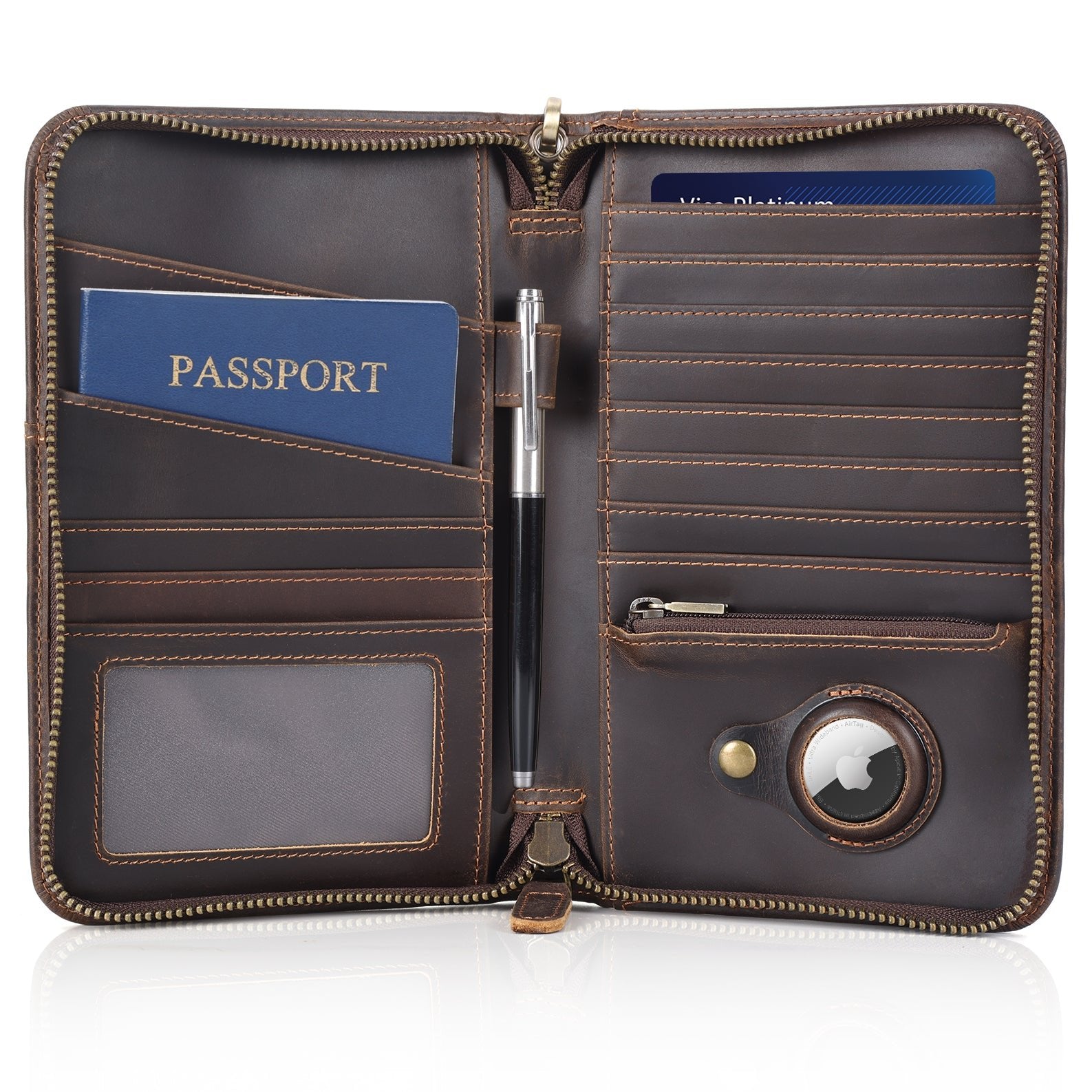 Leather Travel Passport Holder RFID Blocking with AirTag Slot