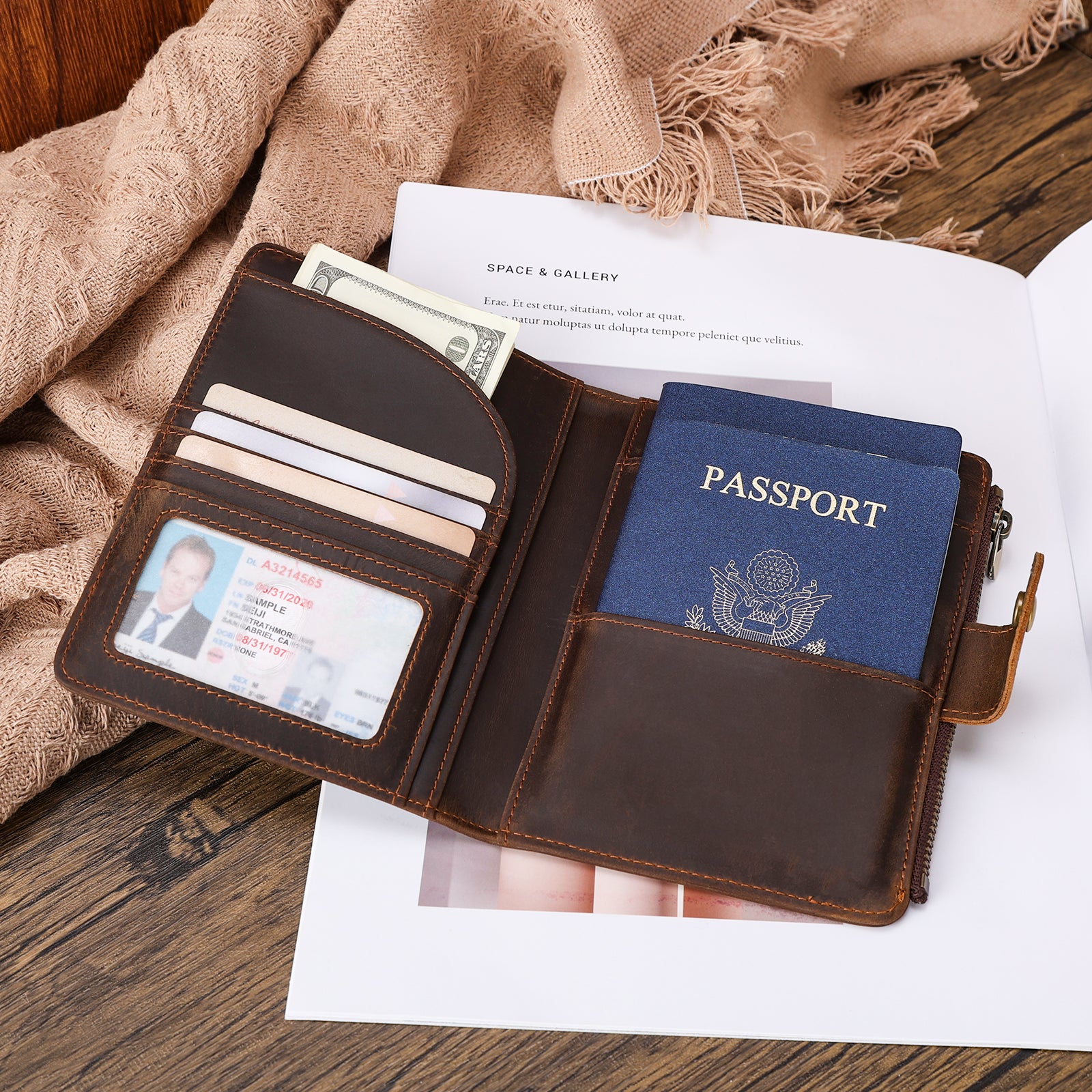 Full Grain Leather 2 Passports Travel Wallet Holder RFID Blocking (Dark Brown,Scenario Shows)