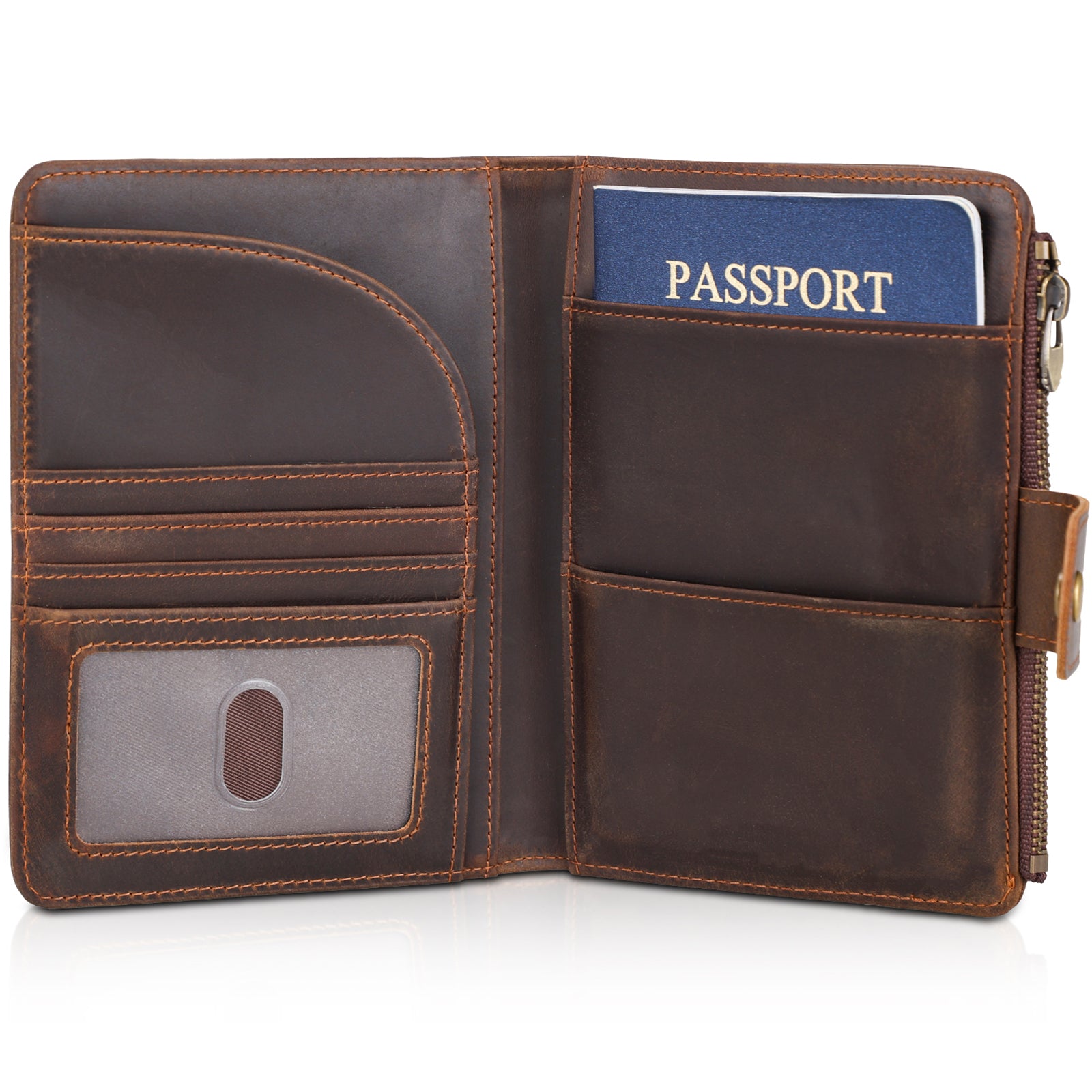 Full Grain Leather 2 Passports Travel Wallet Holder RFID Blocking (Dark Brown)