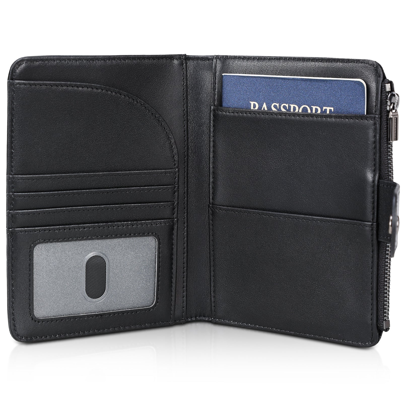 Full Grain Leather 2 Passports Travel Wallet Holder RFID Blocking (Black)