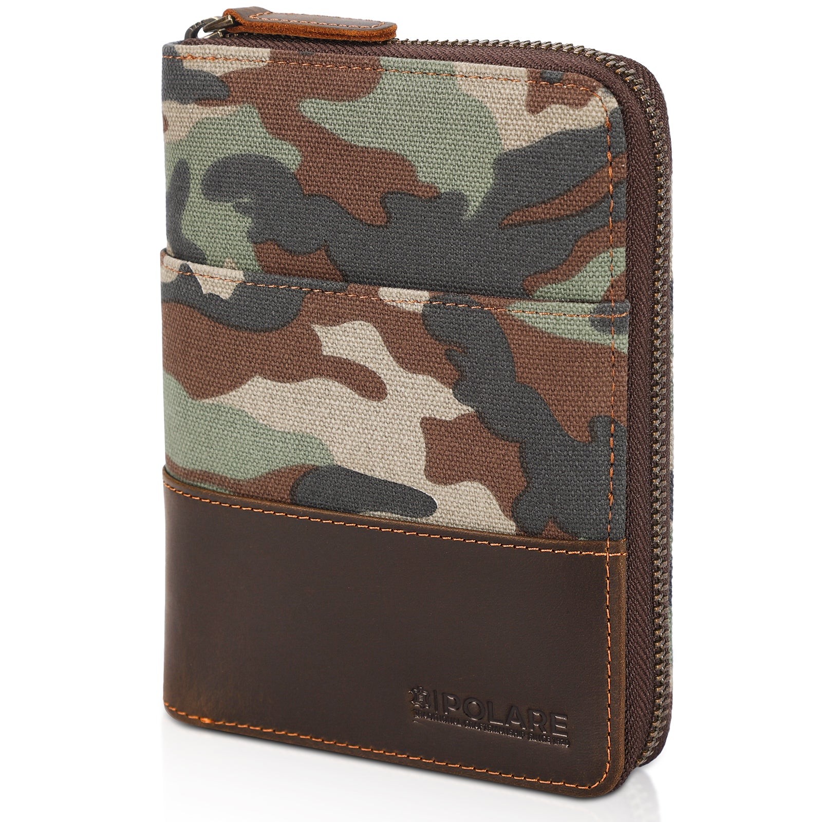 Full Grain Leather Canvas Trim Travel Passport Wallet (Camo Brown)