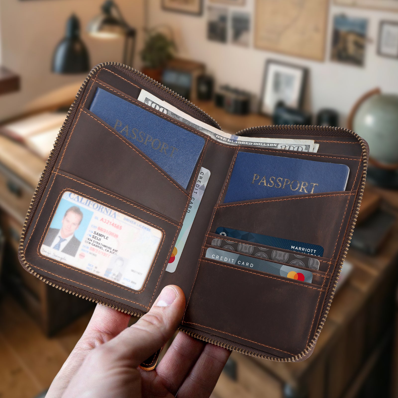 Full Grain Leather RFID Blocking Dual Passport Wallet (Model Display)