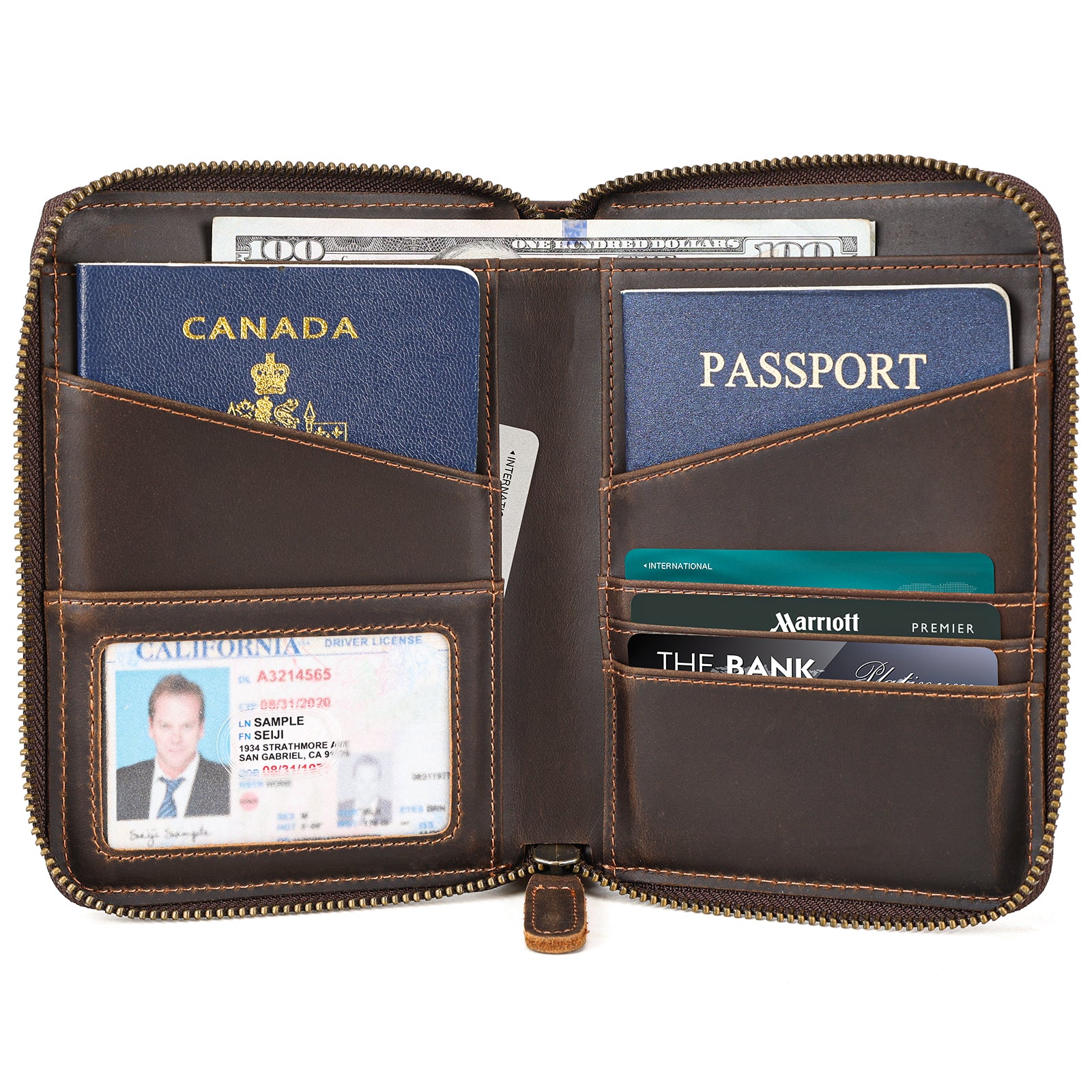 Full Grain Leather Canvas Trim Travel Passport Wallet (Inside)