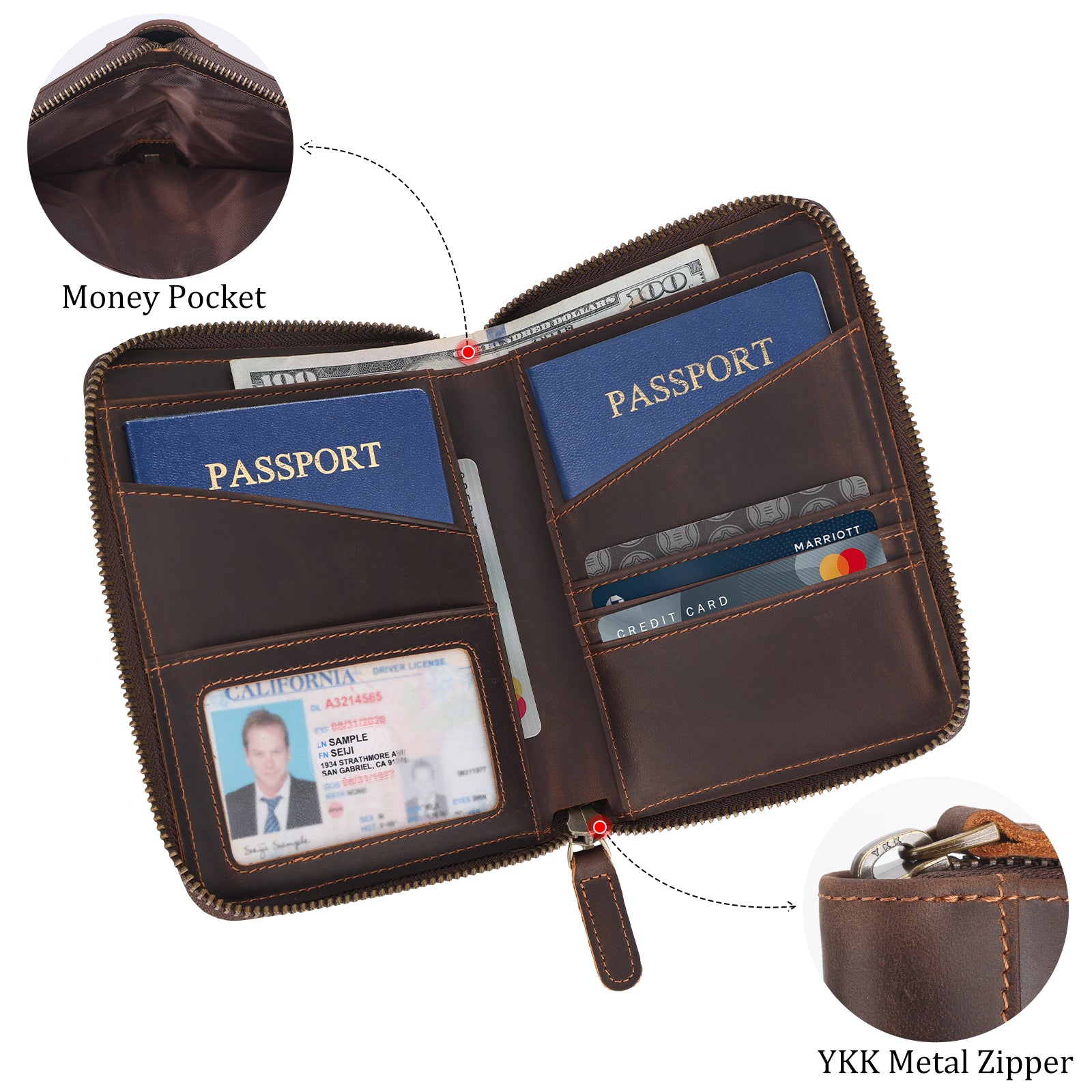 Full Grain Leather RFID Blocking Dual Passport Wallet (Inside)