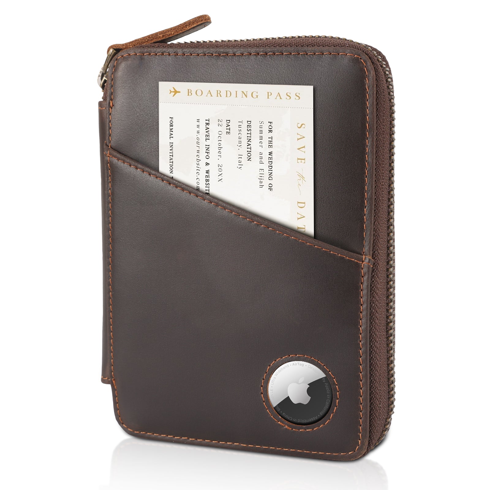 Full Grain Leather RFID Blocking Passport Wallet with AirTag Slot (Dark Brown)