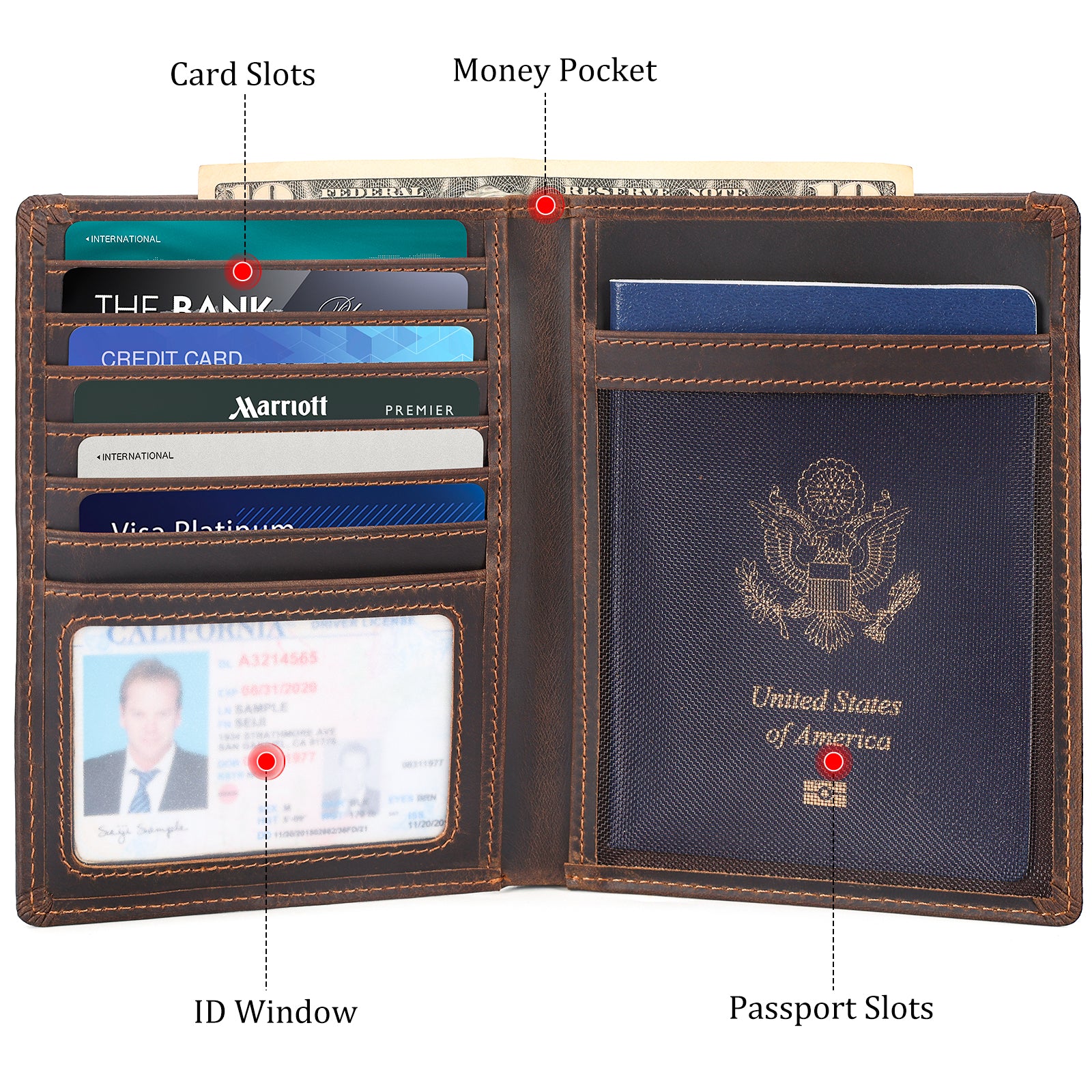 Luxury RFID Blocking Leather Passport Holder Travel Wallet with AirTag Slot (Inside)