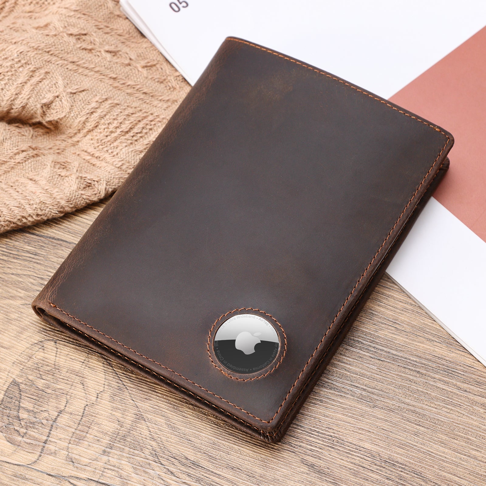 Luxury RFID Blocking Leather Passport Holder Travel Wallet with AirTag Slot (Scenario Shows)