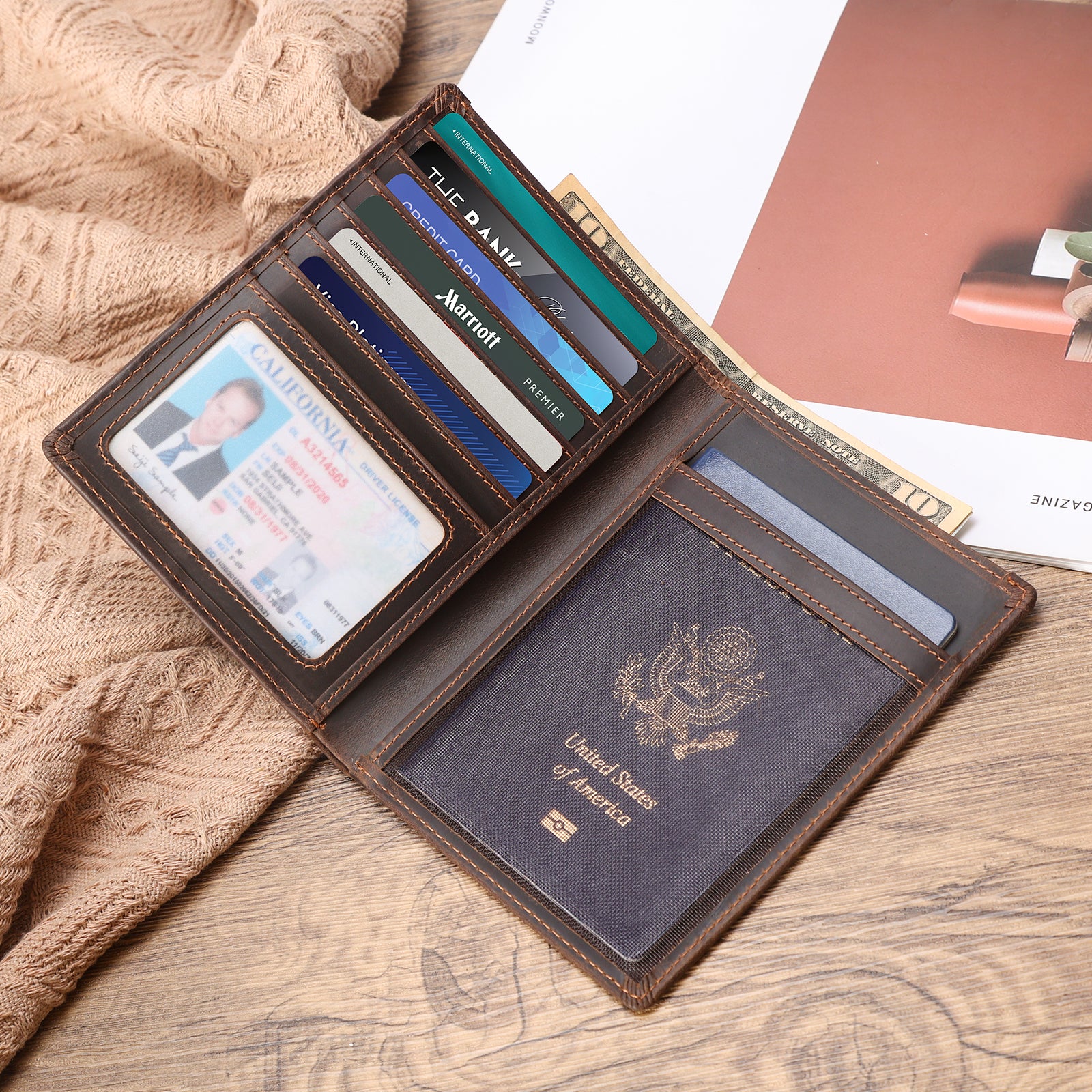 Luxury RFID Blocking Leather Passport Holder Travel Wallet with AirTag Slot (Scenario Shows)