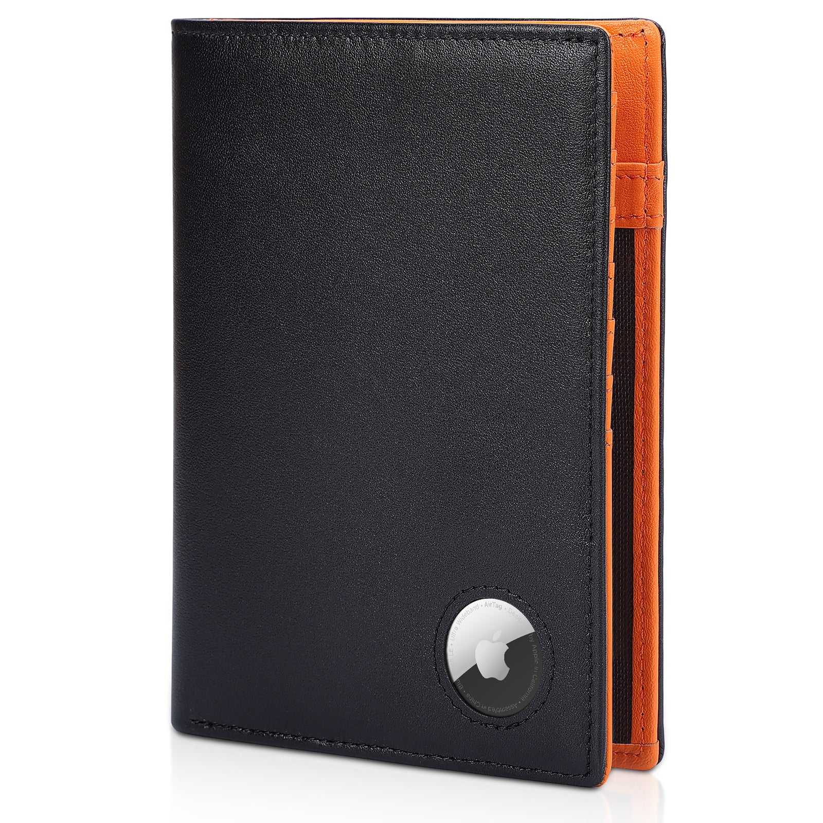 Luxury RFID Blocking Leather Passport Holder Travel Wallet with AirTag Slot (Black/Brown)